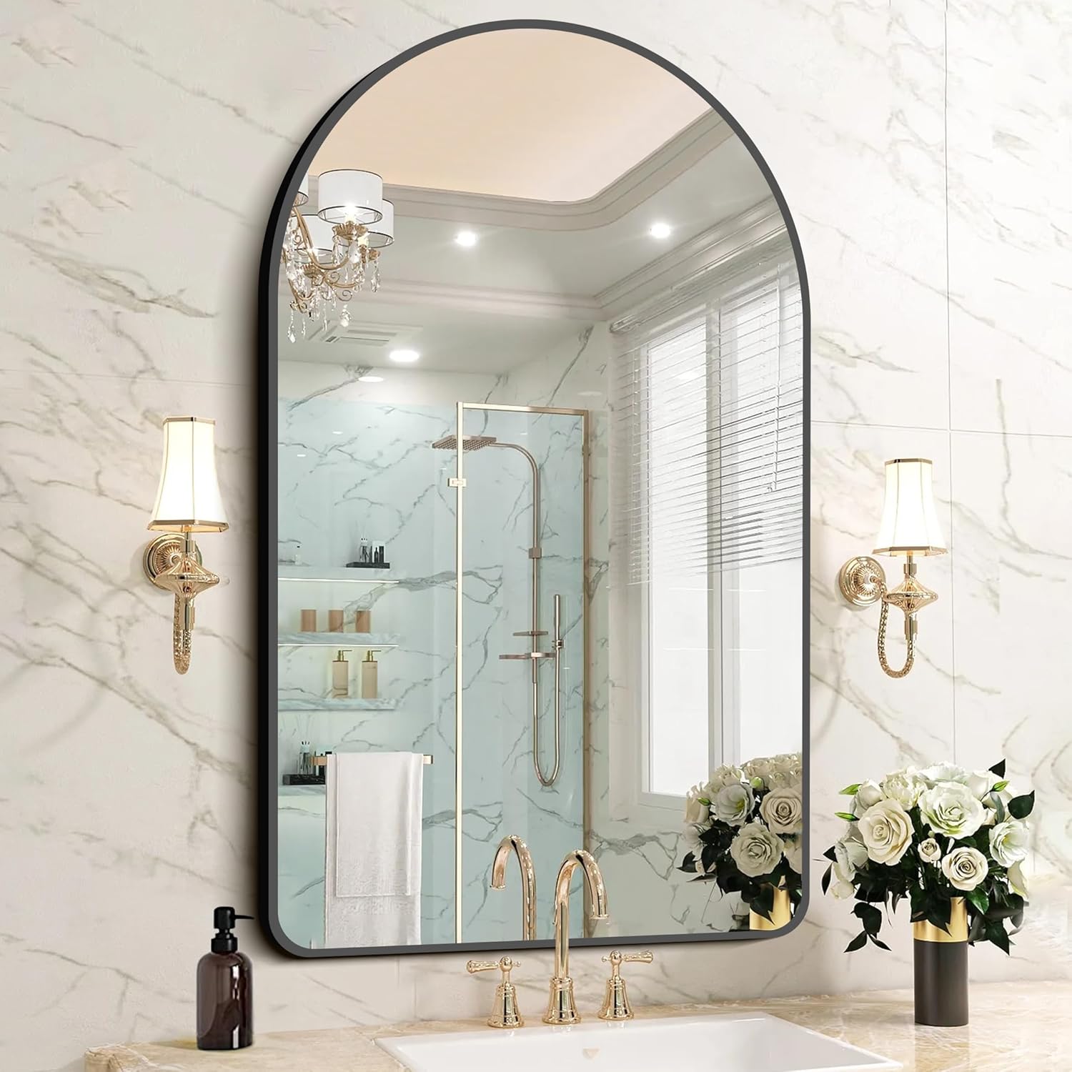 FORBATH Arched Wall Mirror, 30″x48″ Bathroom Mirror Wall Mounted Modern Black Aluminum Alloy Frame Decor Large Dresser Mirror for Bedroom Living