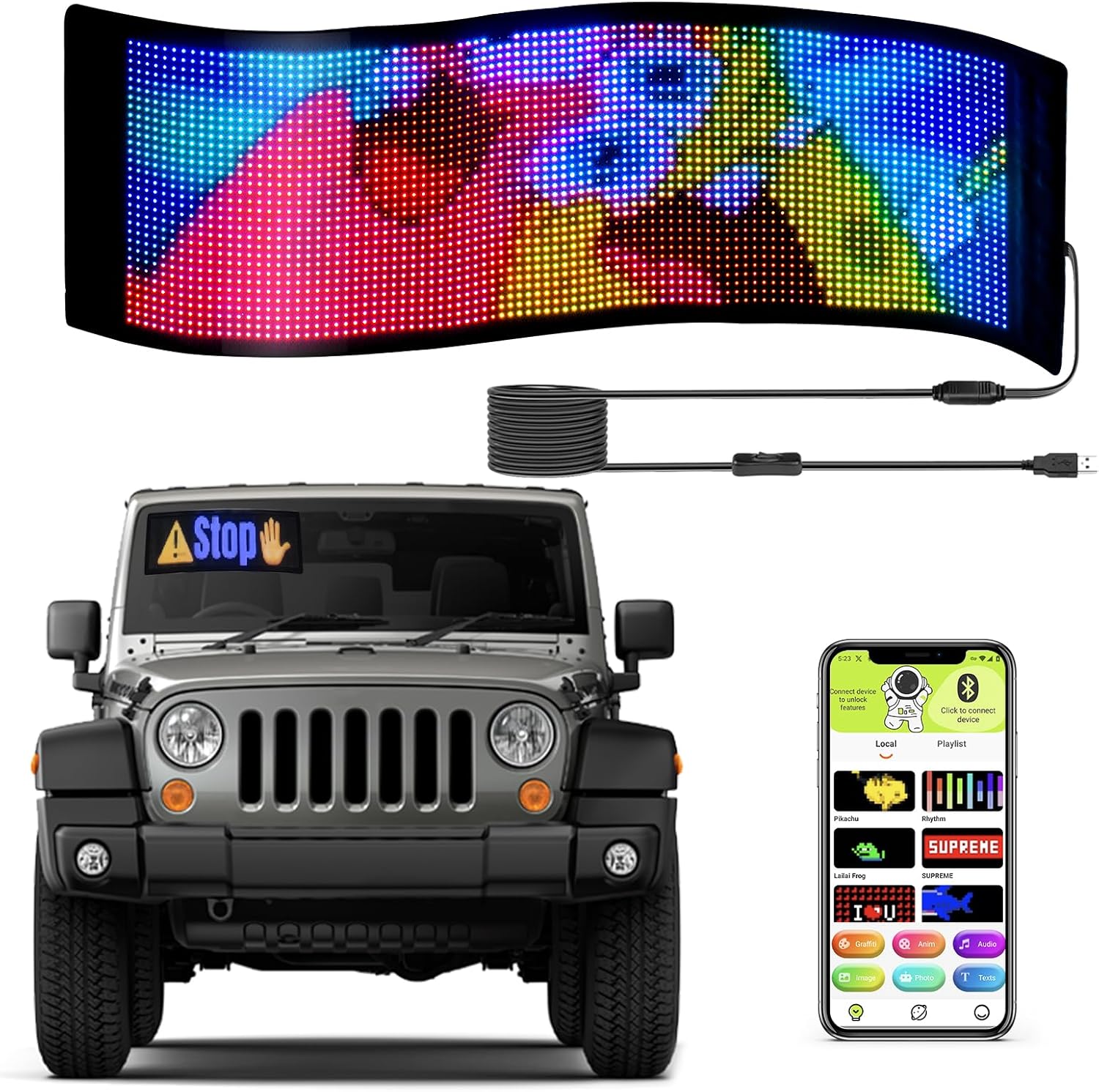 QNK P3.75 – Letrero LED de desplazamiento grande, 19.7 x 5.9 pulgadas, USB flexible de 5 V, Bluetooth, control de aplicación, programable, pantalla