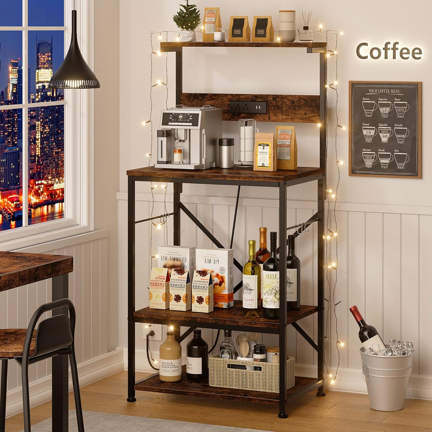 JAMFLY Estante para hornear de cocina con toma de corriente, soporte para microondas con 6 ganchos en forma de S, barra de café de 4 niveles para