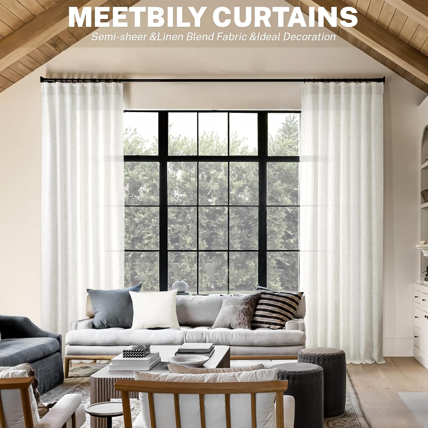 Cortinas de lino marfil de 108 pulgadas de largo para sala de estar, juego de 2 paneles de color blanco crema con pestaña trasera, cortinas de lino