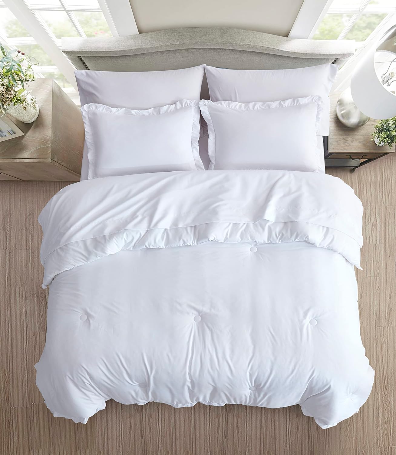 Chezmoi Collection Eleanora – Juego de cama Queen en una bolsa, 7 piezas con ribete de volantes, suave lavado, de microfibra de doble cepillado con