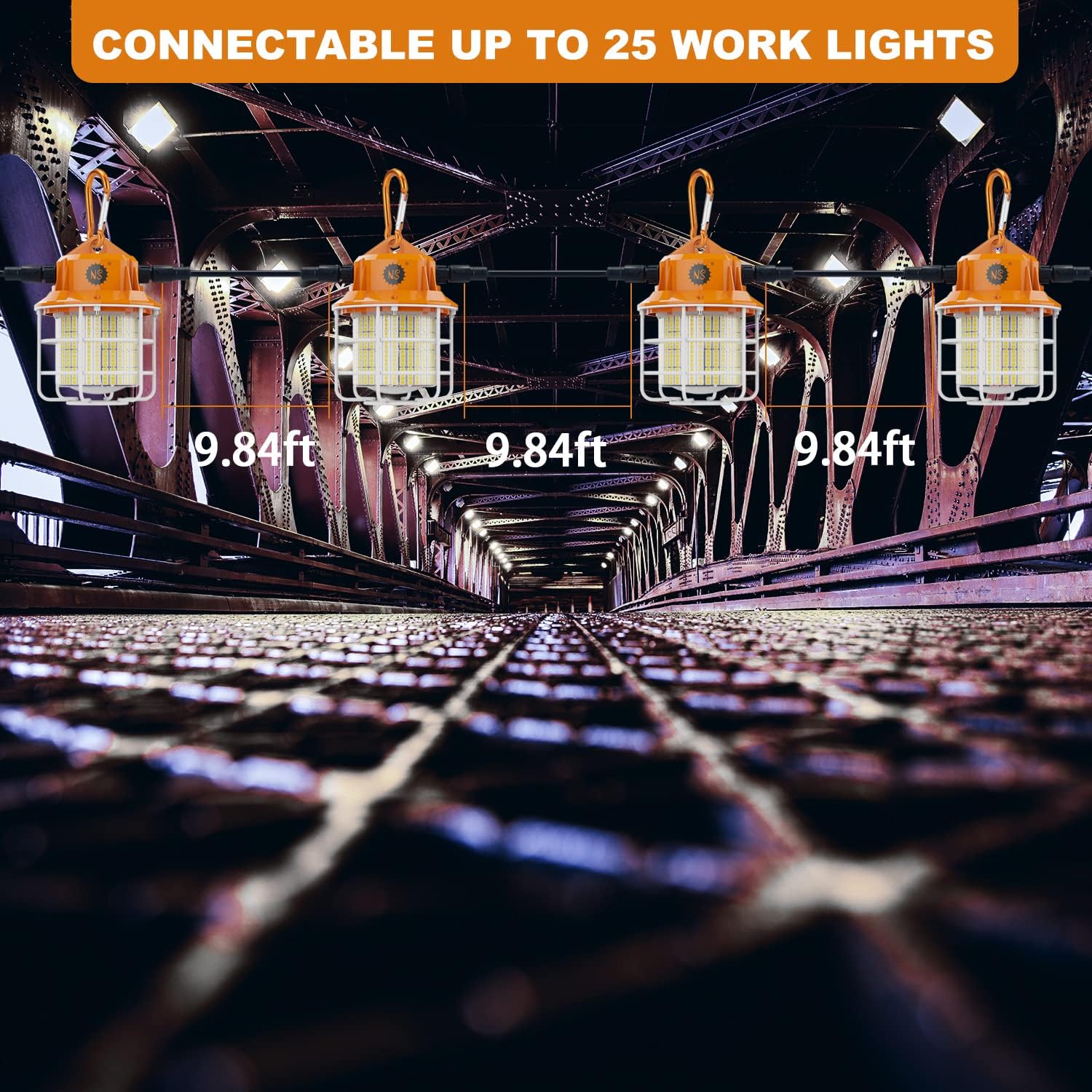 Luz de trabajo temporal LED de 60 W, 8700 lúmenes, 5000 K, luces de construcción con cubierta protectora de acero inoxidable y gancho para interior