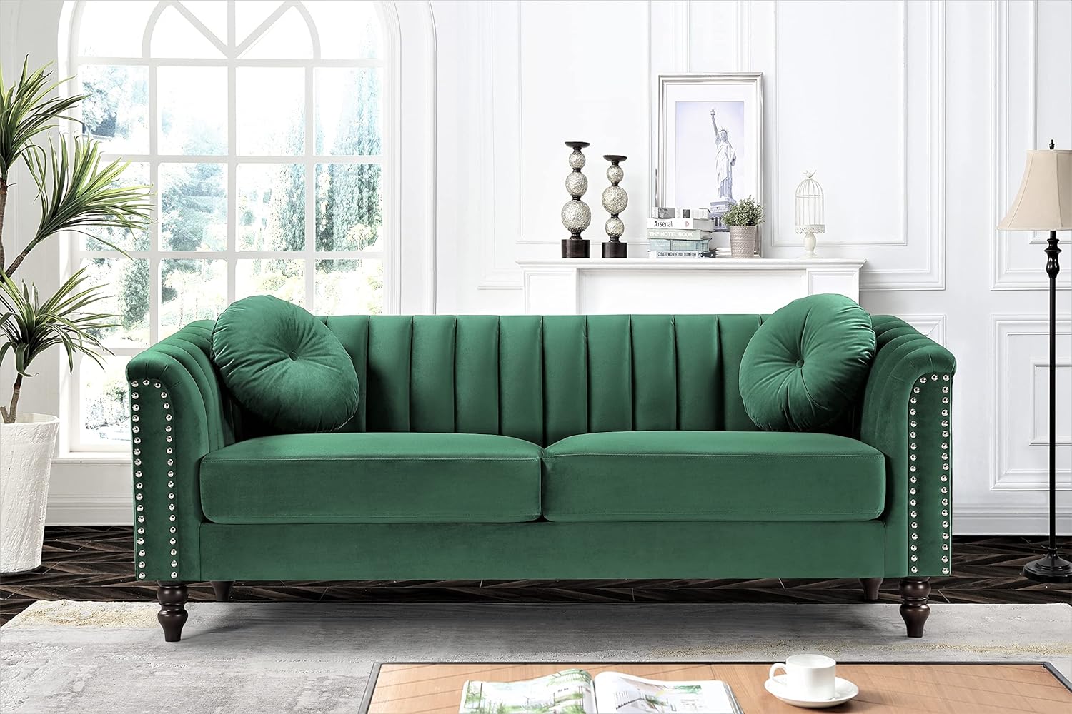 US Pride Furniture Sofá de terciopelo moderno Mid-Century inspirado en Chesterfield, juego de 2 piezas para sala de estar con cojines extraíbles y