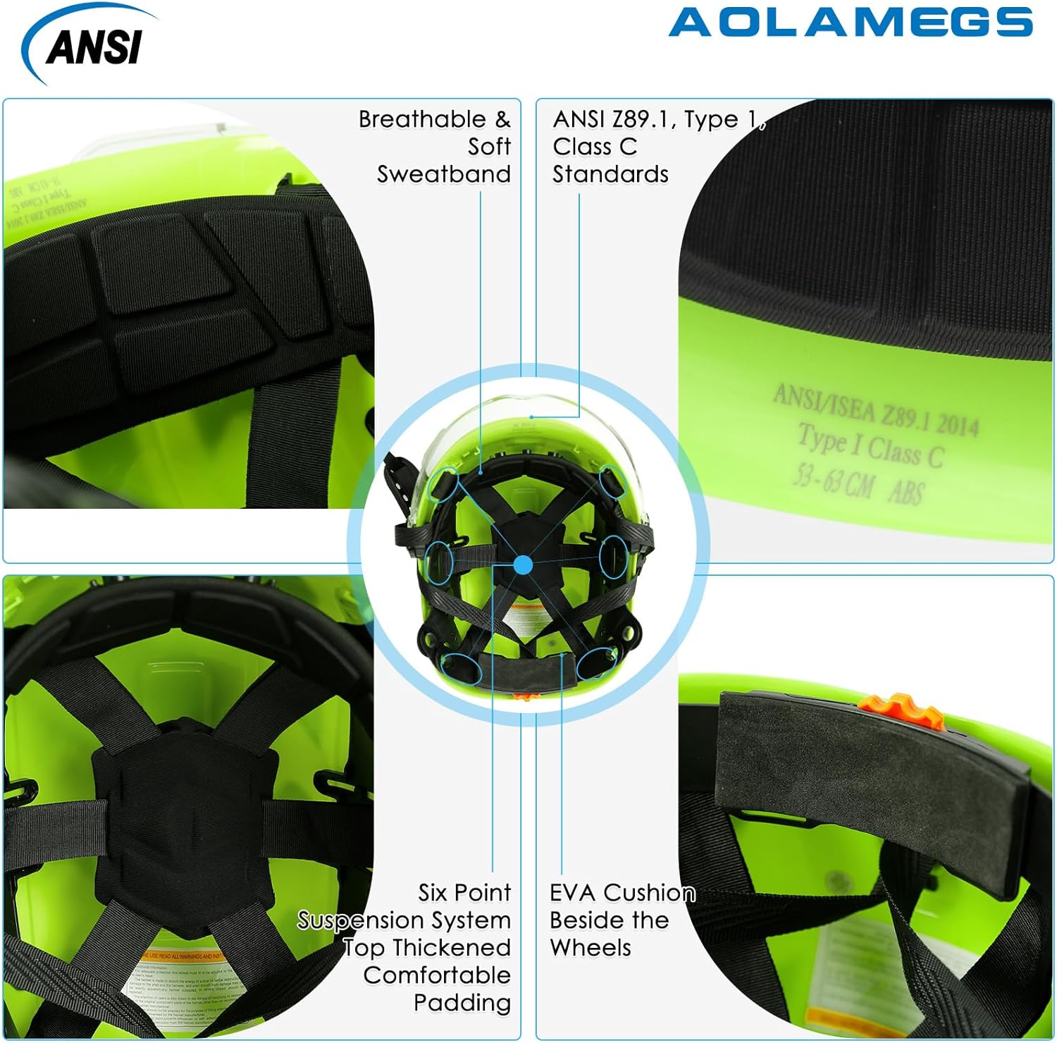 AOLAMEGS Casco duro de construcción con visera y orejeras  Casco de seguridad aprobado por la OSHA, ANSI Z89.1 ABS con protección para los ojos y