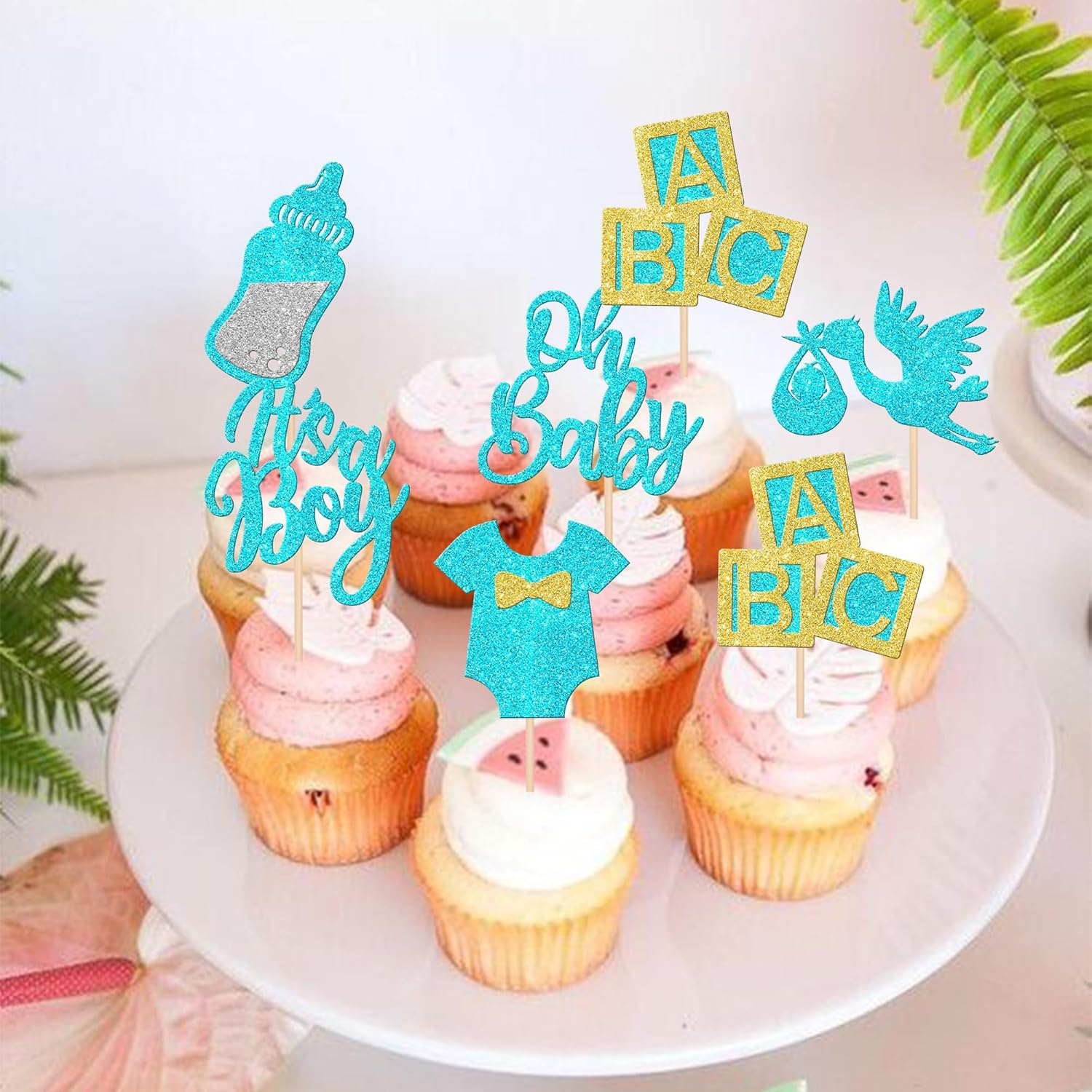 30 piezas de decoración para cupcakes “It’s a Boy” con purpurina para cupcakes con purpurina, para biberón, decoración para revelación de género,