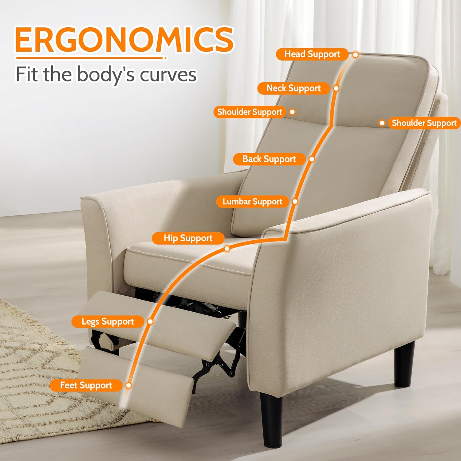 PrimeZone Silla reclinable de tela, sofá reclinable moderno de mediados de siglo, silla reclinable ergonómica ajustable con respaldo más grueso y