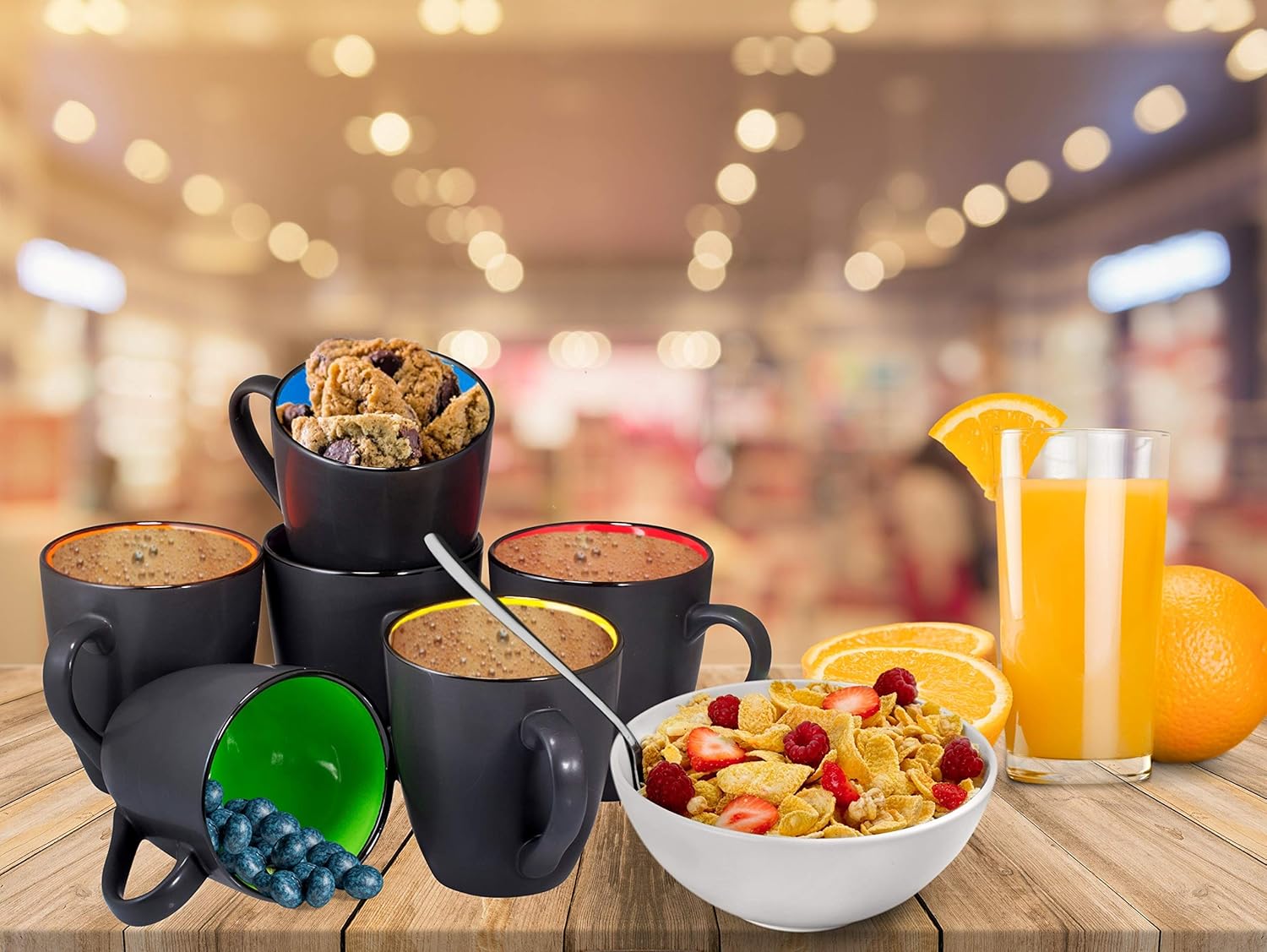 Bruntmor Juego de 6 tazas de capuchino con platillos de 6 onzas, color negro mate y de cerámica de 16 onzas, tazas de café negras mate para