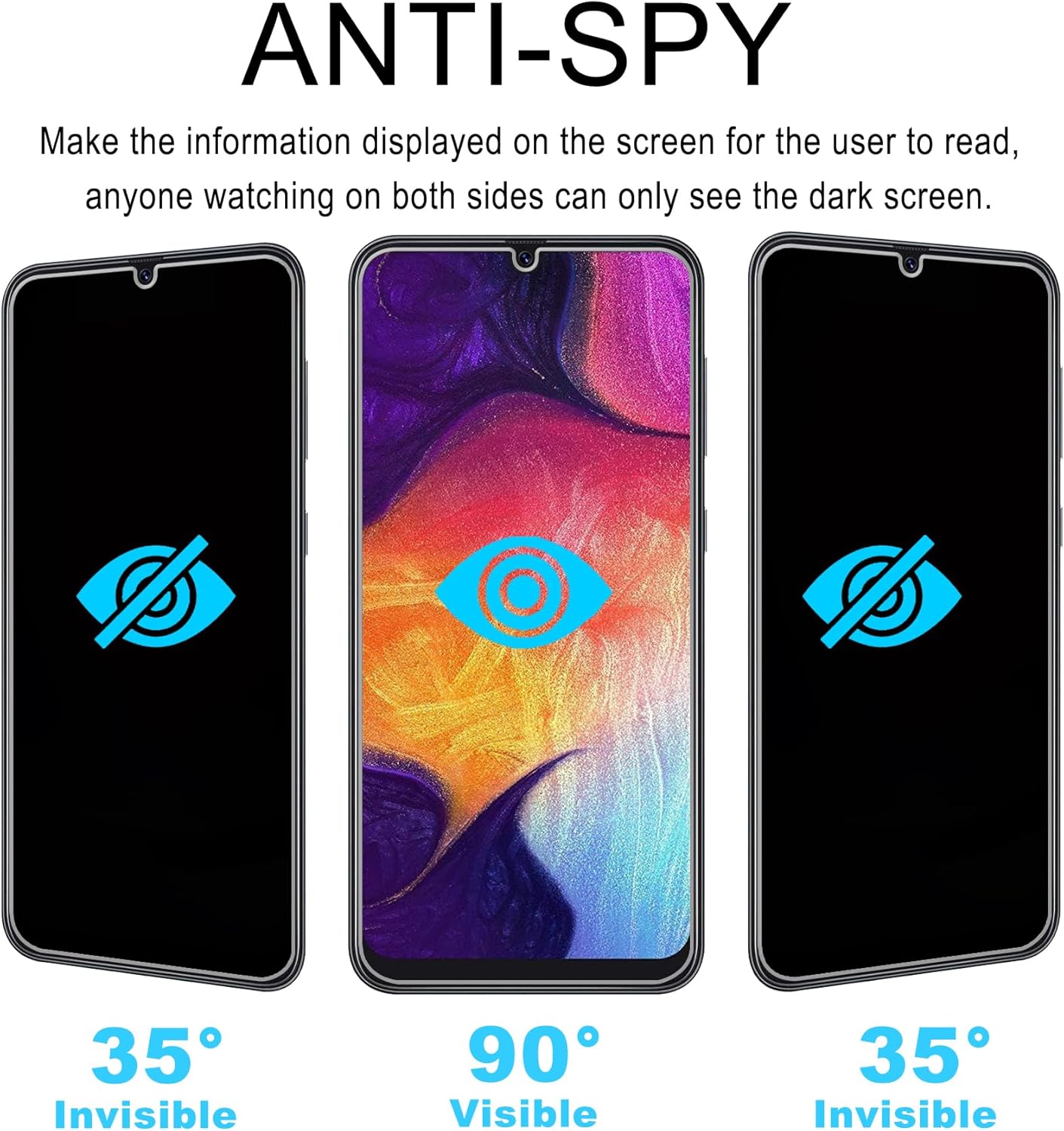 Paquete de 2 protectores de pantalla de privacidad de vidrio templado antiespía de dureza 9H para Samsung Galaxy A50A50SA30A30SM30SA20