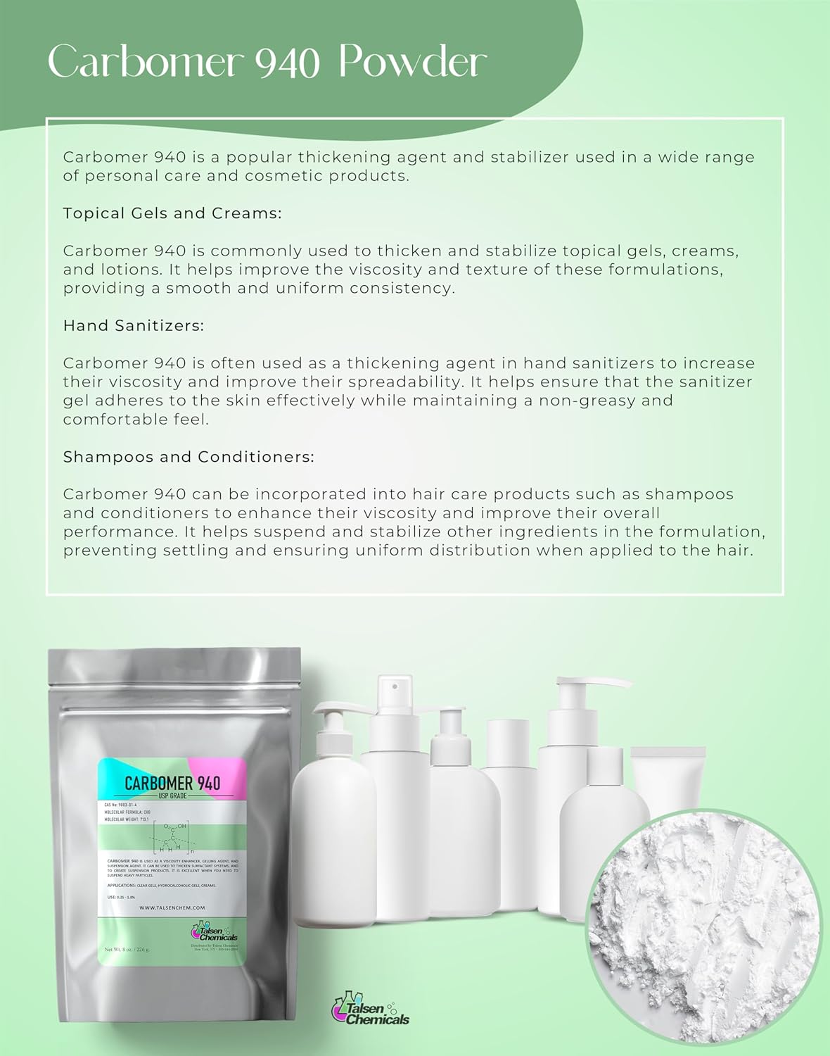 Carbomer 940 (8 onzas7.97 oz) Carbomer 940 Polvo Espesante versátil y estabilizador de emulsión para cosméticos y productos de cuidado personal