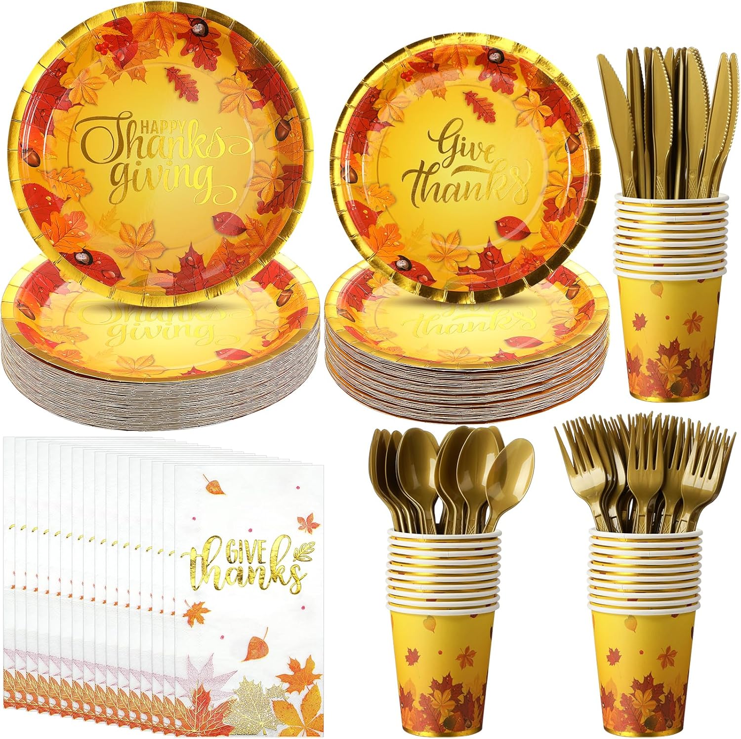 Juego de platos y servilletas de Acción de Gracias, suministros de fiesta de otoño con hojas de arce de otoño, vajilla desechable, platos de papel,