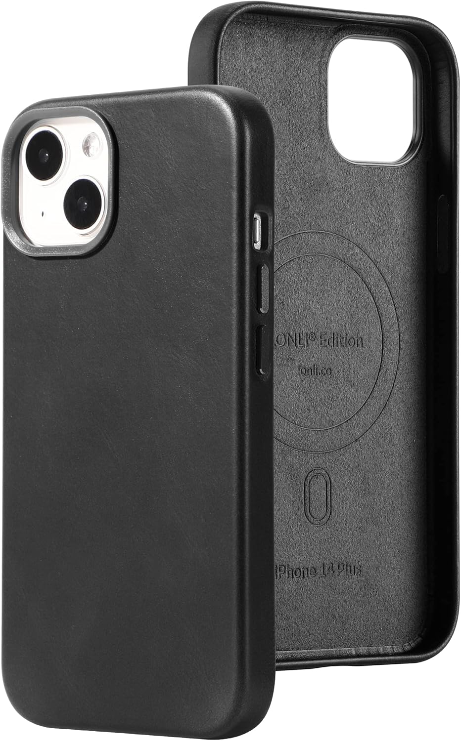 LONLI Edición – (para iPhone 14 Plus) – Funda europea de cuero genuino premium  Desarrollar pátina con el tiempo  Compatible con Magsafe – Negro
