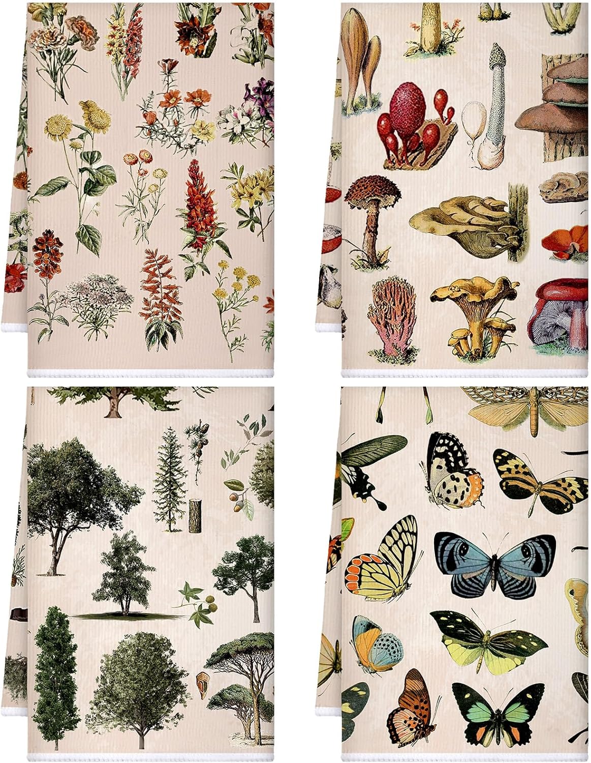 Kajaia 4 toallas de cocina vintage con hongos del bosque, paños de cocina con flores silvestres, toallas de mano con plantas de mariposa, toalla