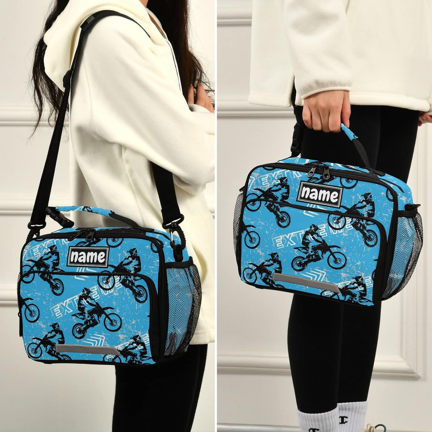 Bolsa de almuerzo azul personalizada para vehículos deportivos de motocross, para niños, niñas, niños, bolsas de almuerzo personalizadas con tu