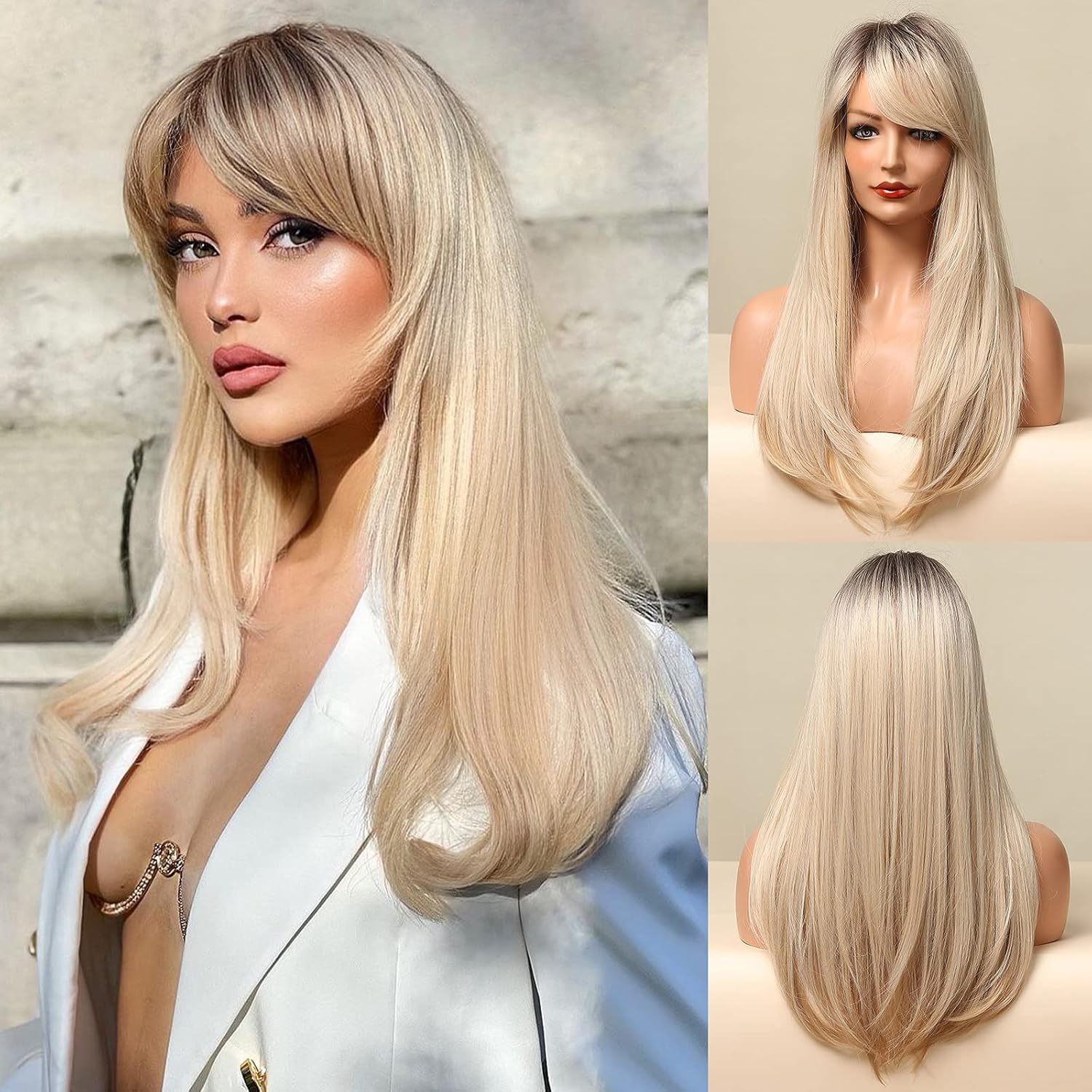 Honygebia – Peluca rubia con flequillo lateral, pelucas largas y lacias para mujeres blancas, pelo sintético color rubio oscuro ombré, resistentes