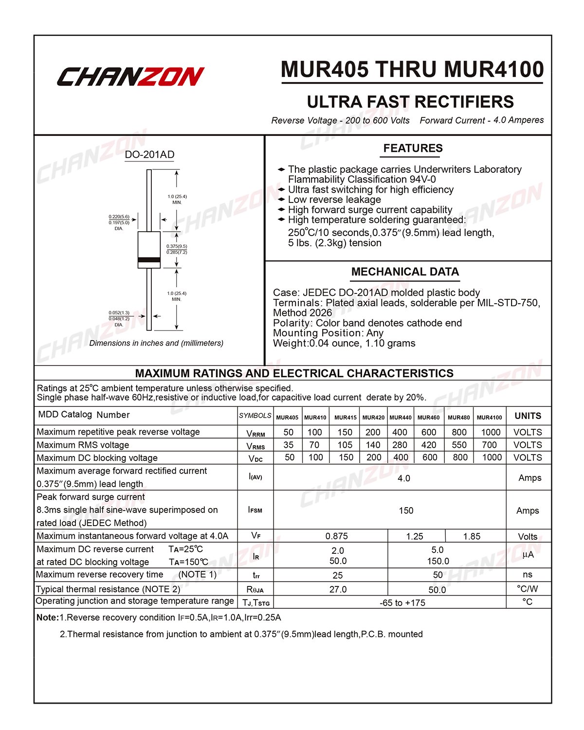 Paquete de 20 unidades Chanzon MUR460 Diodo rectificador de recuperación súper rápida 4A 600V 25-50ns DO-201AD (DO-27) Axial 4 Amp 600 voltios