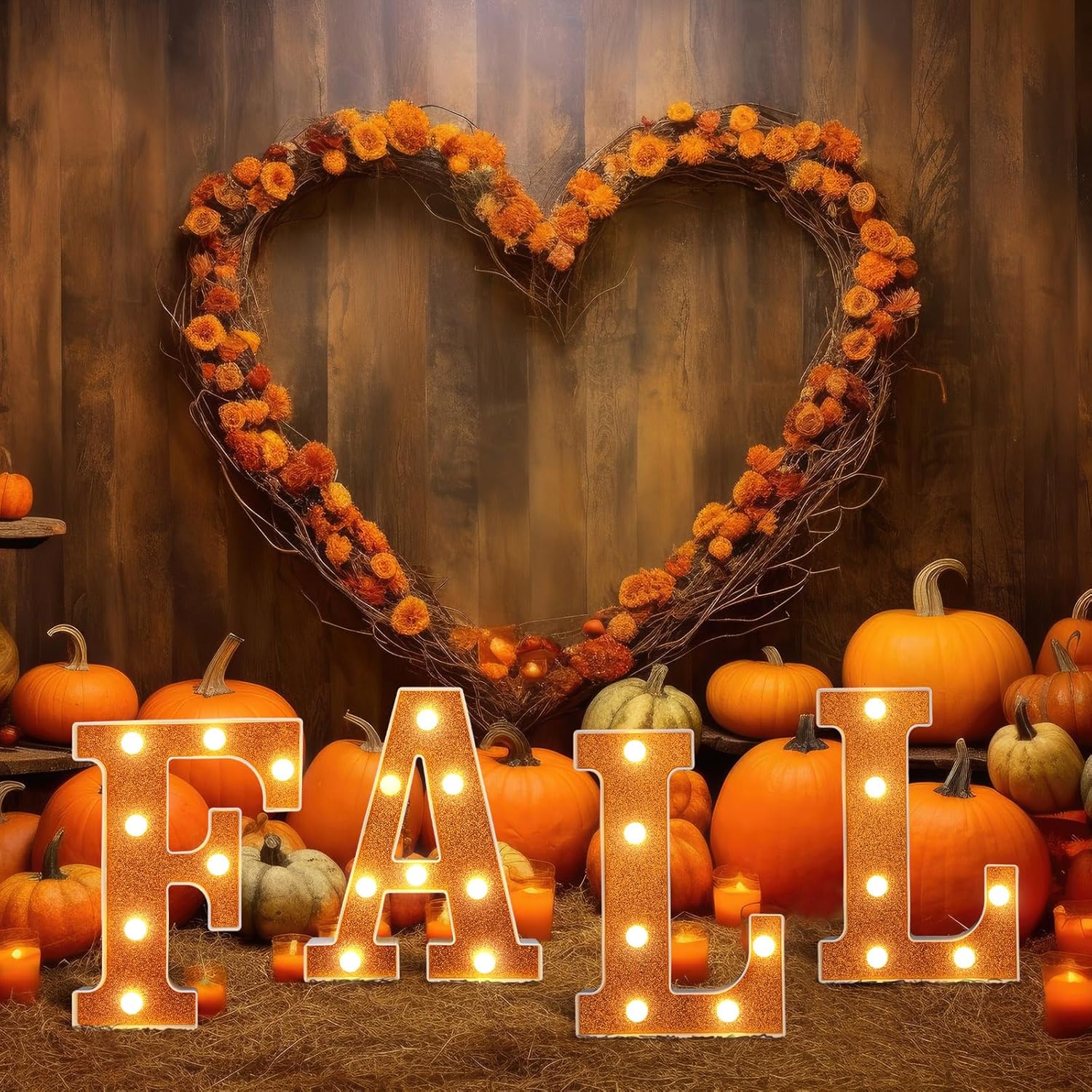 4 piezas de decoración de otoño de Acción de Gracias con purpurina naranja iluminada, letras LED de marquesina de otoño, decoración de luces de