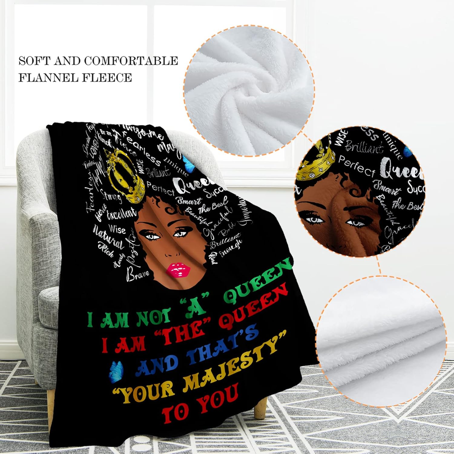 Jekeno Manta con estampado de niña negra afroamericana con texto en inglés “I AM The Queen”, regalos para mujeres, niños, niñas, amigas, decoración