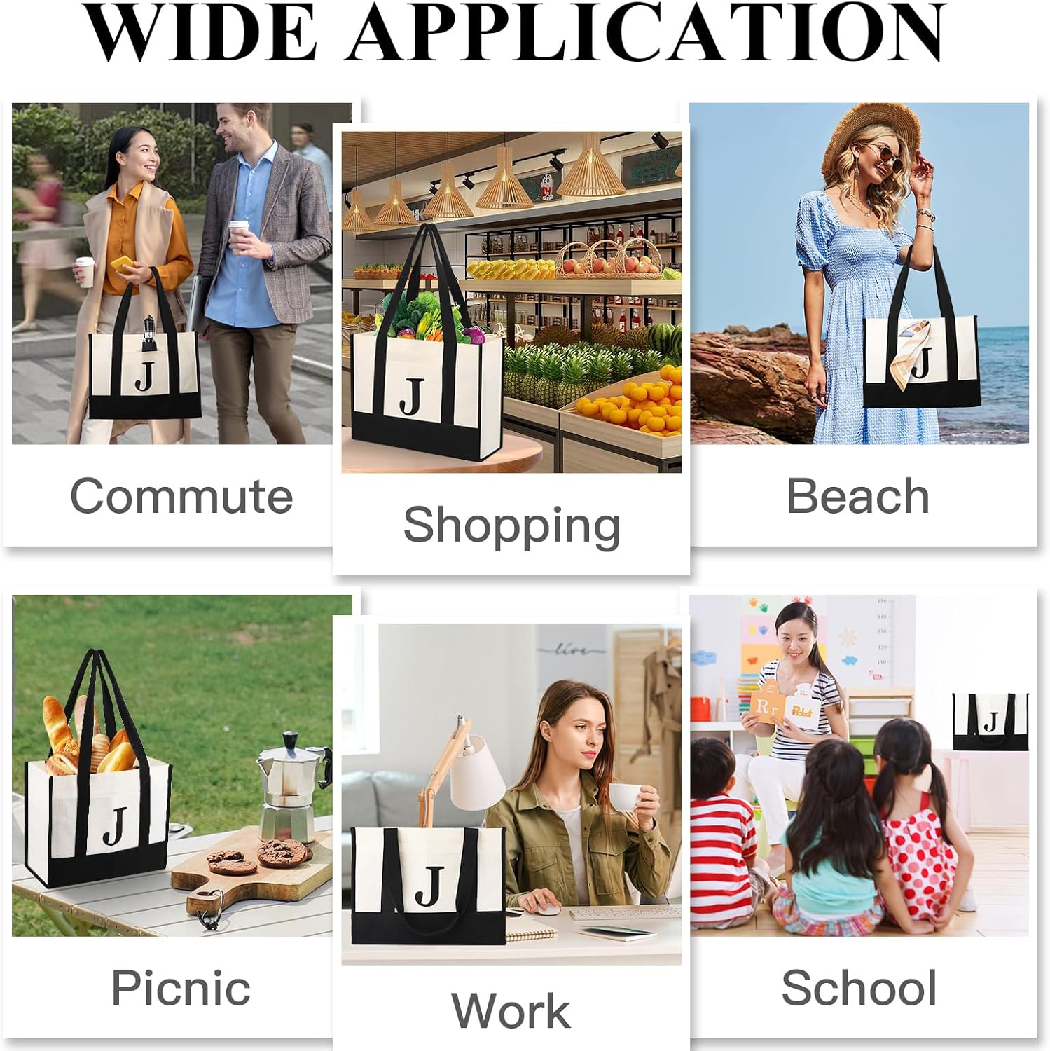 BALEINE Bolsa de lona personalizada con inicial, ecológica, multiusos para mujeres, bolsa de regalo, bolsa de playa