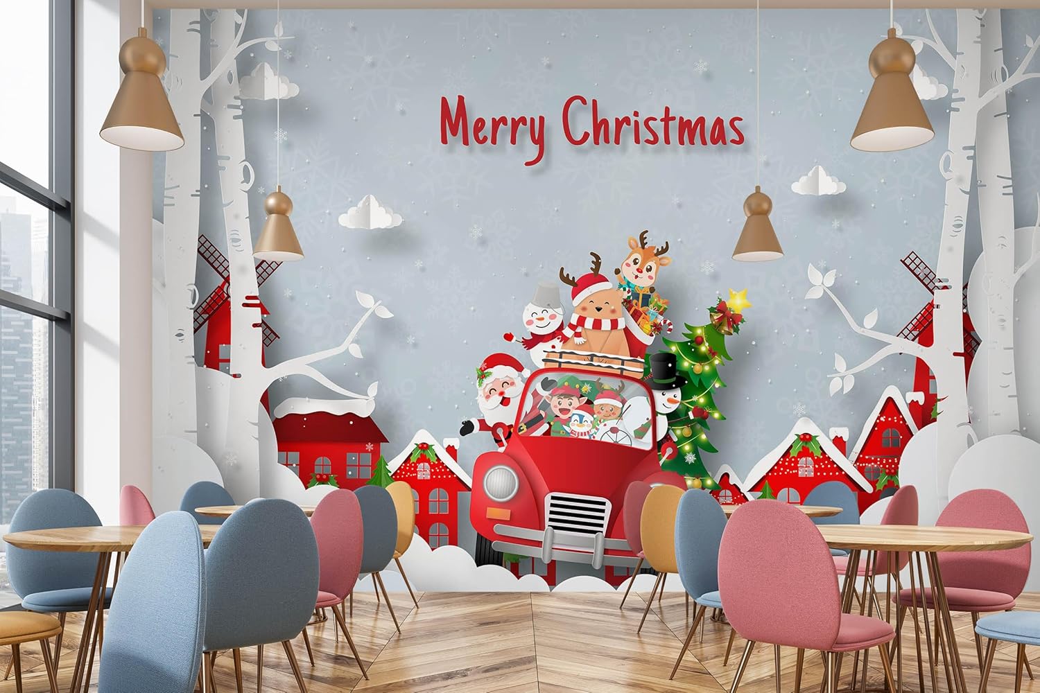3D Car Deer A140 Christmas Xmas Wall Paper Print Decal Deco Wall Mural Self-Adhesive Wallpaper AJ US Amy 23 Sep (Vinyl (No Glue & Removable),