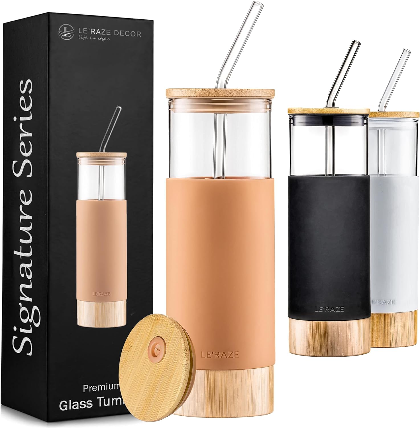 Vaso de vidrio prémium de 20 onzas con popote y tapa de bambú y base con funda protectora de silicona, sin BPA, botella de agua Growler