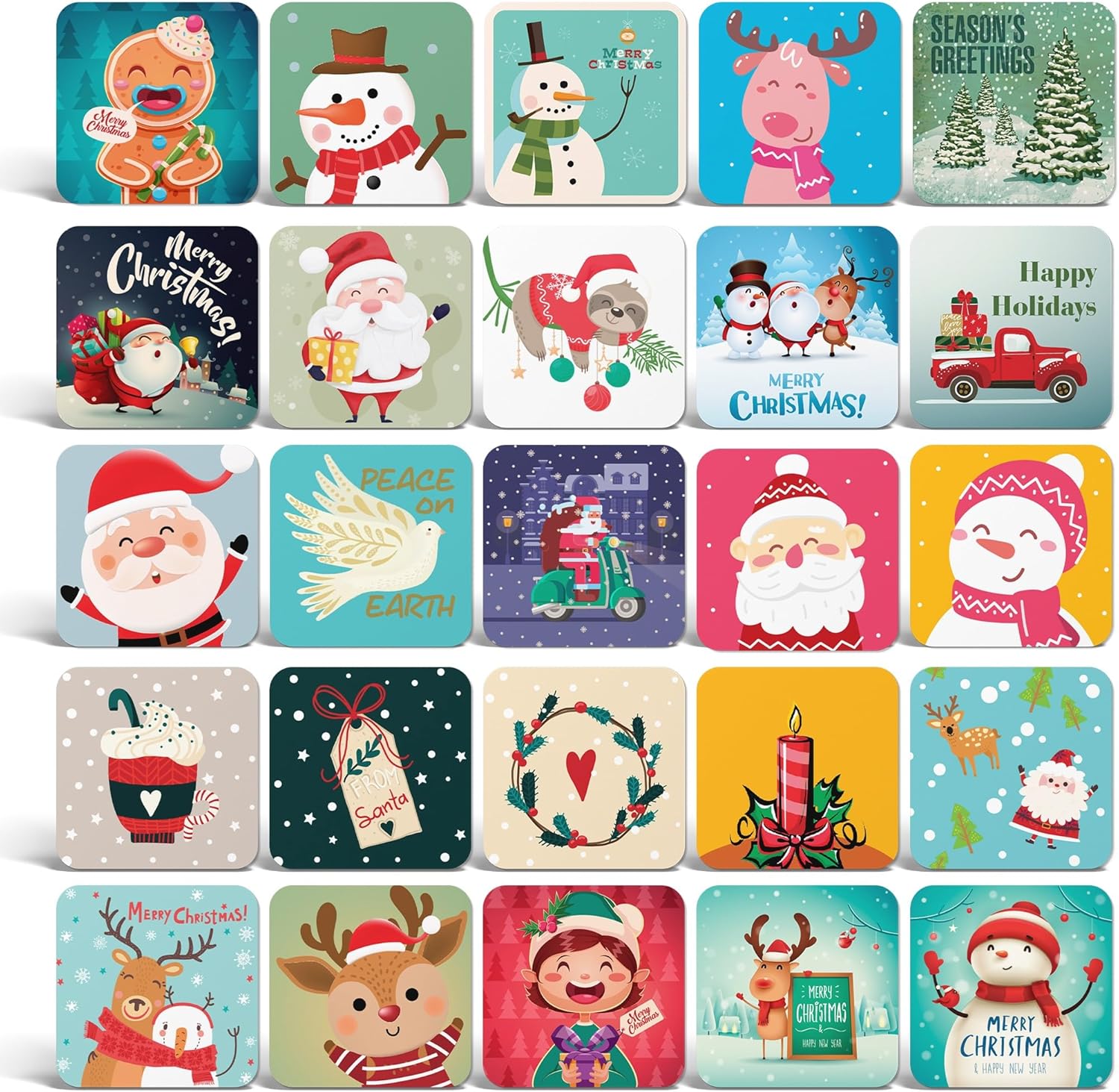 Better Office Products Mini tarjetas de felicitación de Navidad y sobres, 3 x 3 pulgadas, 25 diseños únicos con sobres rojos y verdes, pequeñas