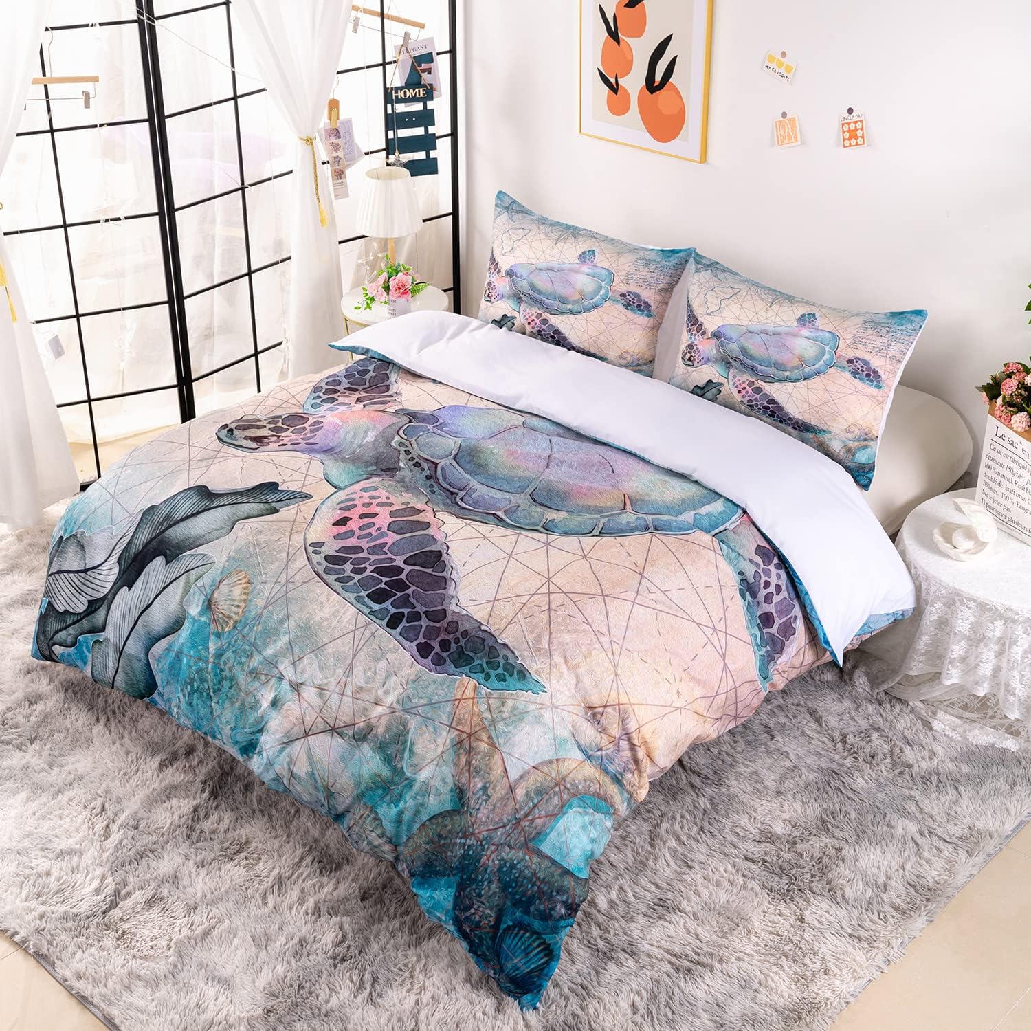 CVHOUSE Funda de edredón de tortuga marina tamaño Queen, juego de ropa de cama de tortuga marina del océano para niños y adolescentes, funda de