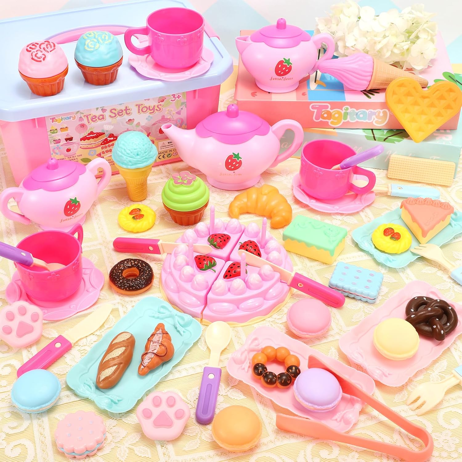 Tagitary Juego de fiesta de té para niñas pequeñas, juego de té de princesa, incluye galletas de postre, tetera, mantel y funda de transporte,