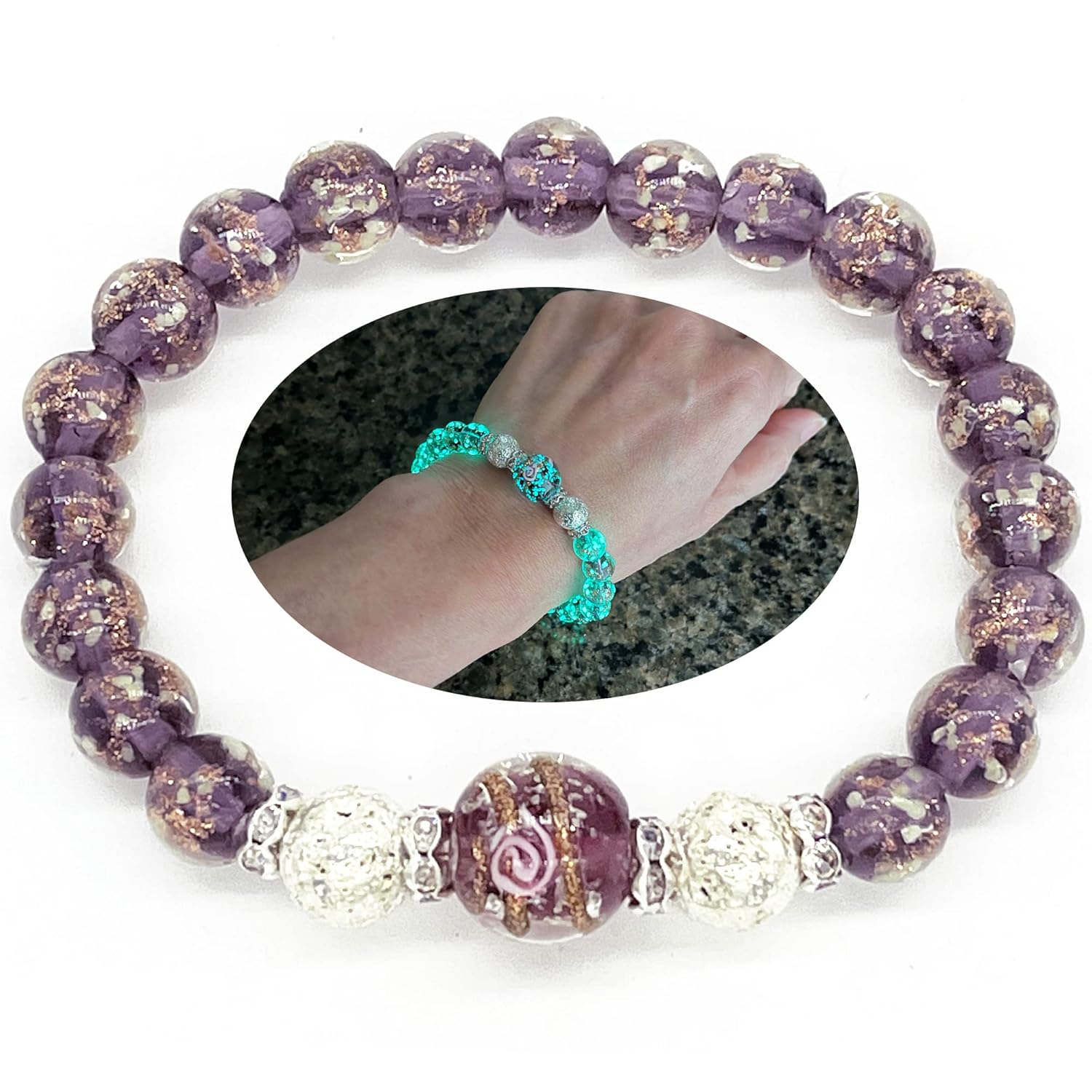 ARTSY Crafts Glow in the Dark Firefly Beads Bracelet for Women, Luminous Glass Beads Healing Crystal Glowing Beaded Bracelets, Mermaid Bracelet,