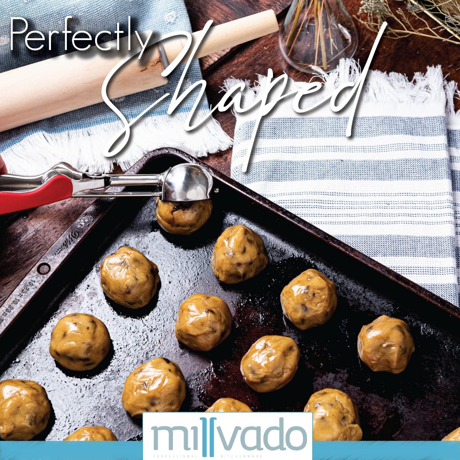 Millvado Cuchara para helado con gatillo cuchara redonda de acero inoxidable para helado, masa de galletas, melón, etc. – Plato de alimentos con