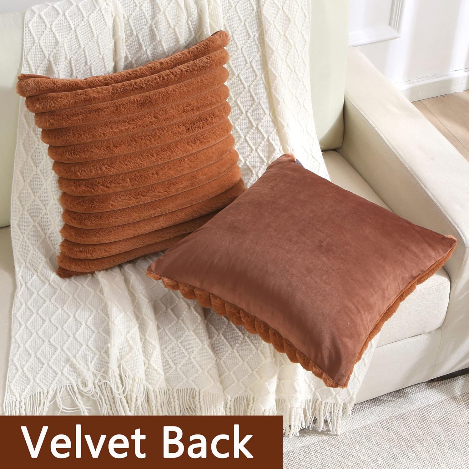 FUTEI – Juego de 2 fundas de almohada decorativas con rayas de color marrón, 14 x 14 pulgadas, cuadradas y primaverales, piel sintética de conejo