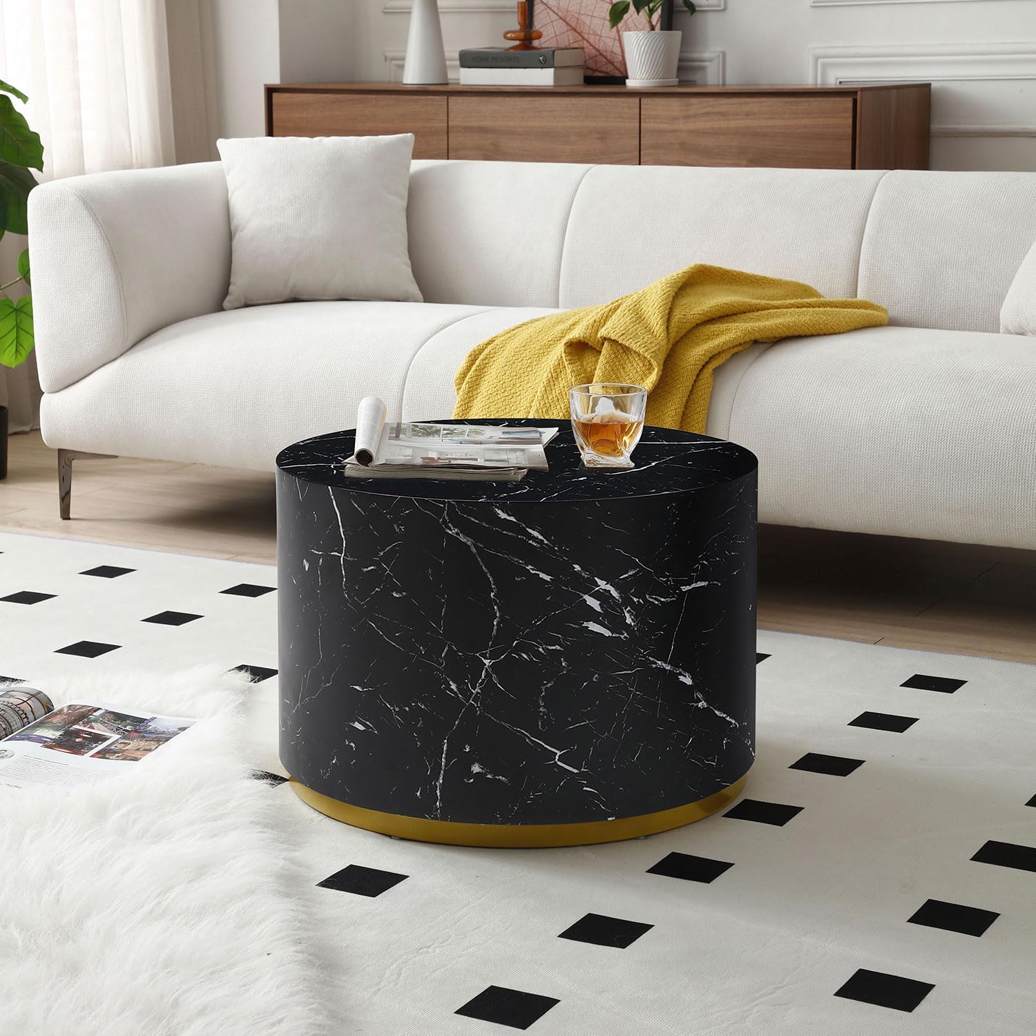 Mesa auxiliar con borde dorado inferior para sala de estar, moderna mesa de centro redonda dorada o mesa auxiliar, mesa de sofá circular para