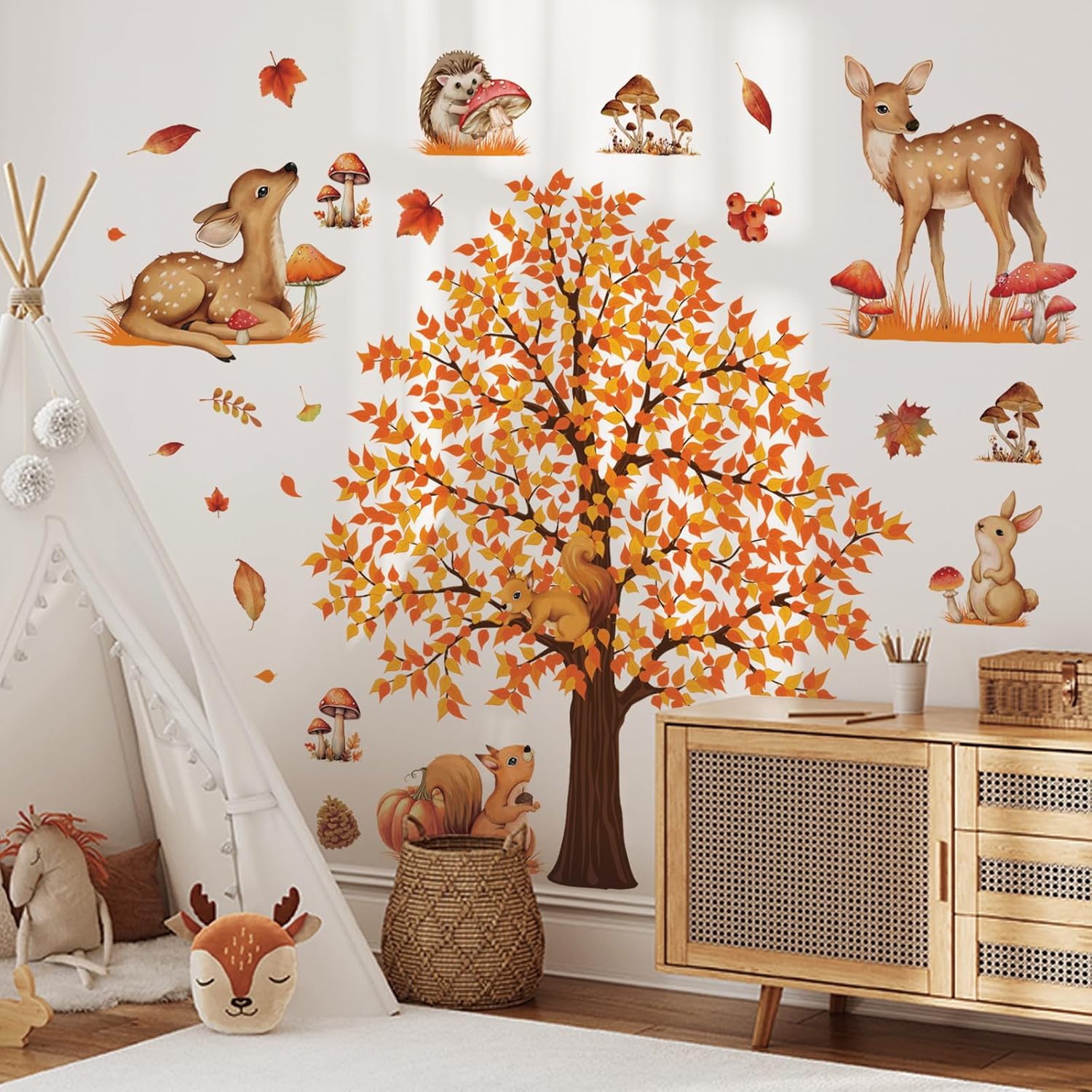 4 hojas de calcomanías de pared de árbol grande de otoño, árbol de arce, bosque de otoño, calcomanías de pared de bricolaje para despegar y pegar,