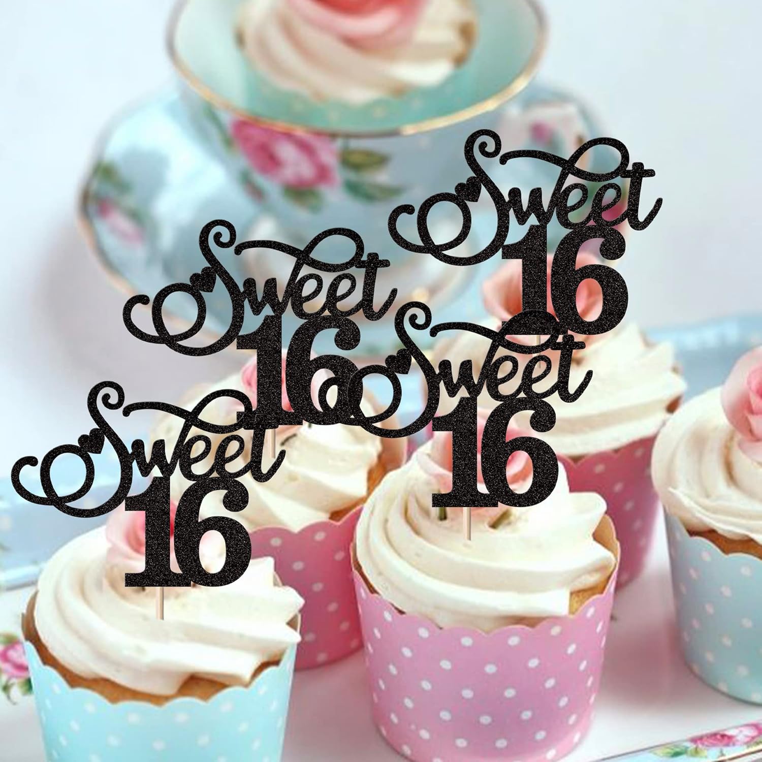 Rsstarxi Paquete de 30 adornos para cupcakes con purpurina de 16 años de edad, diseño de corazón de amor, para cumpleaños de 16 años, bodas,