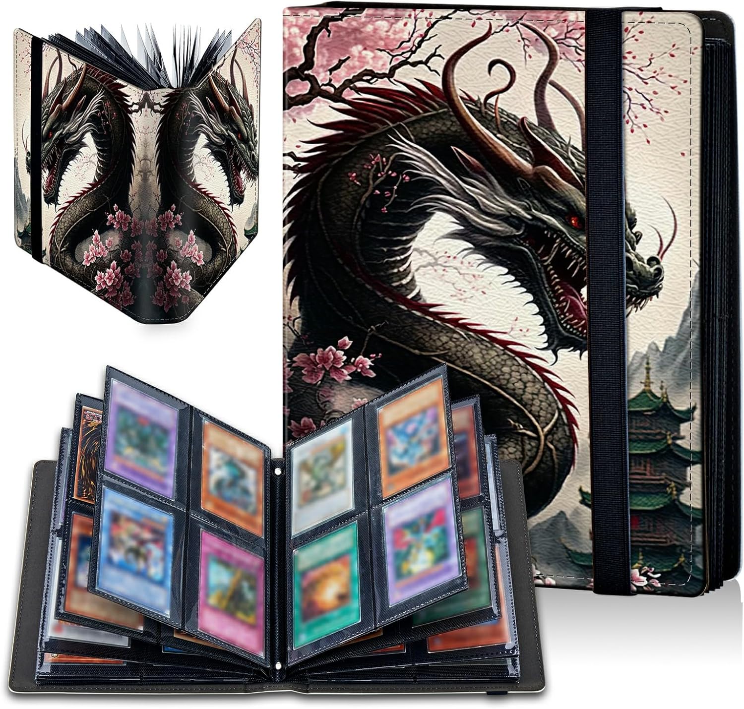 Carpeta de tarjetas con diseño de flor de cerezo de dragón, 4 bolsillos para álbum de tarjetas, carga lateral, 320 bolsillos, tarjetero de