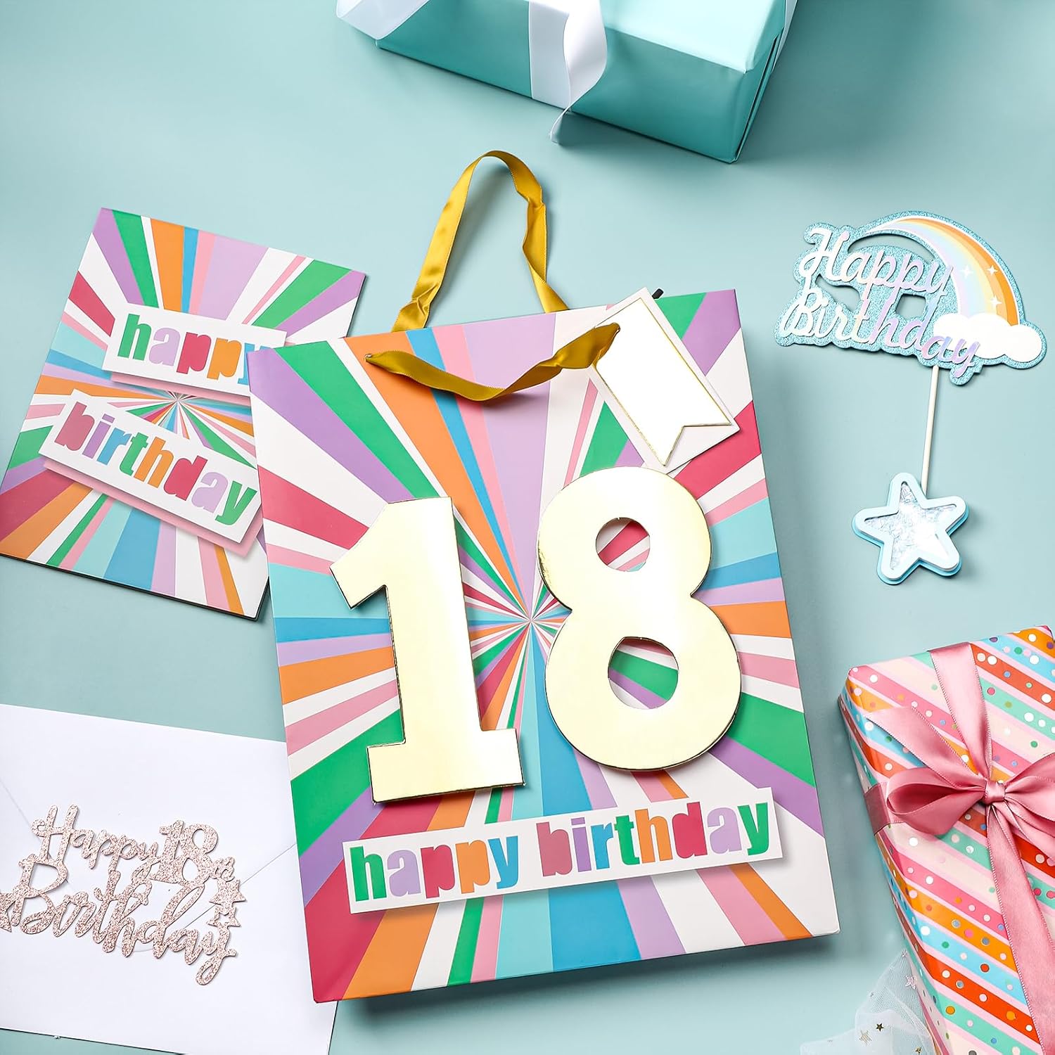 WRAPAHOLIC Bolsa de regalo de cumpleaños grande de 13 pulgadas con tarjeta y papel de seda – 18 cumpleaños