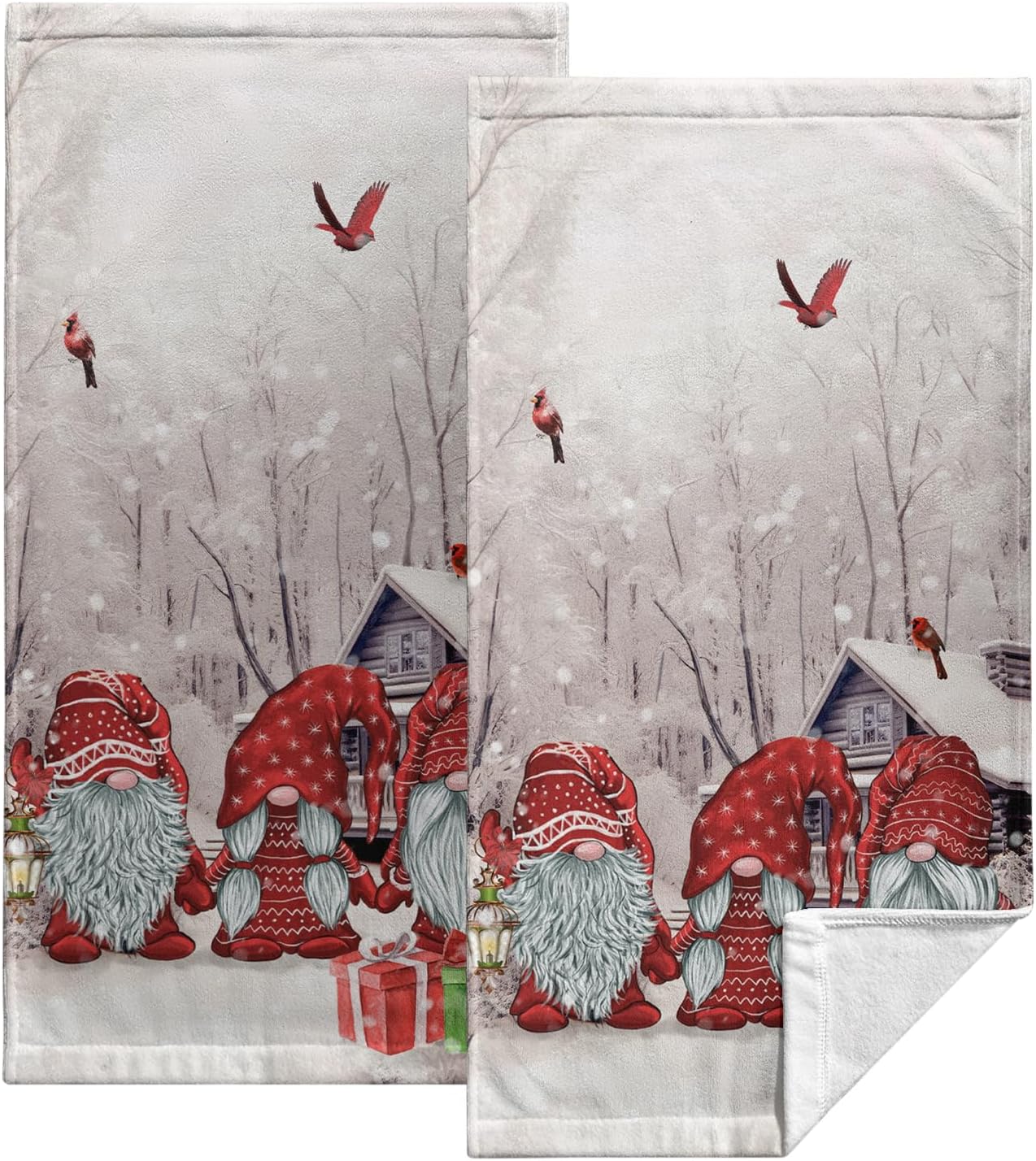 Toallas de mano de gnomos de invierno para baño, diseño de pájaros cardenales rojos, copos de nieve, toallas de cocina de bosque nevado rosa,