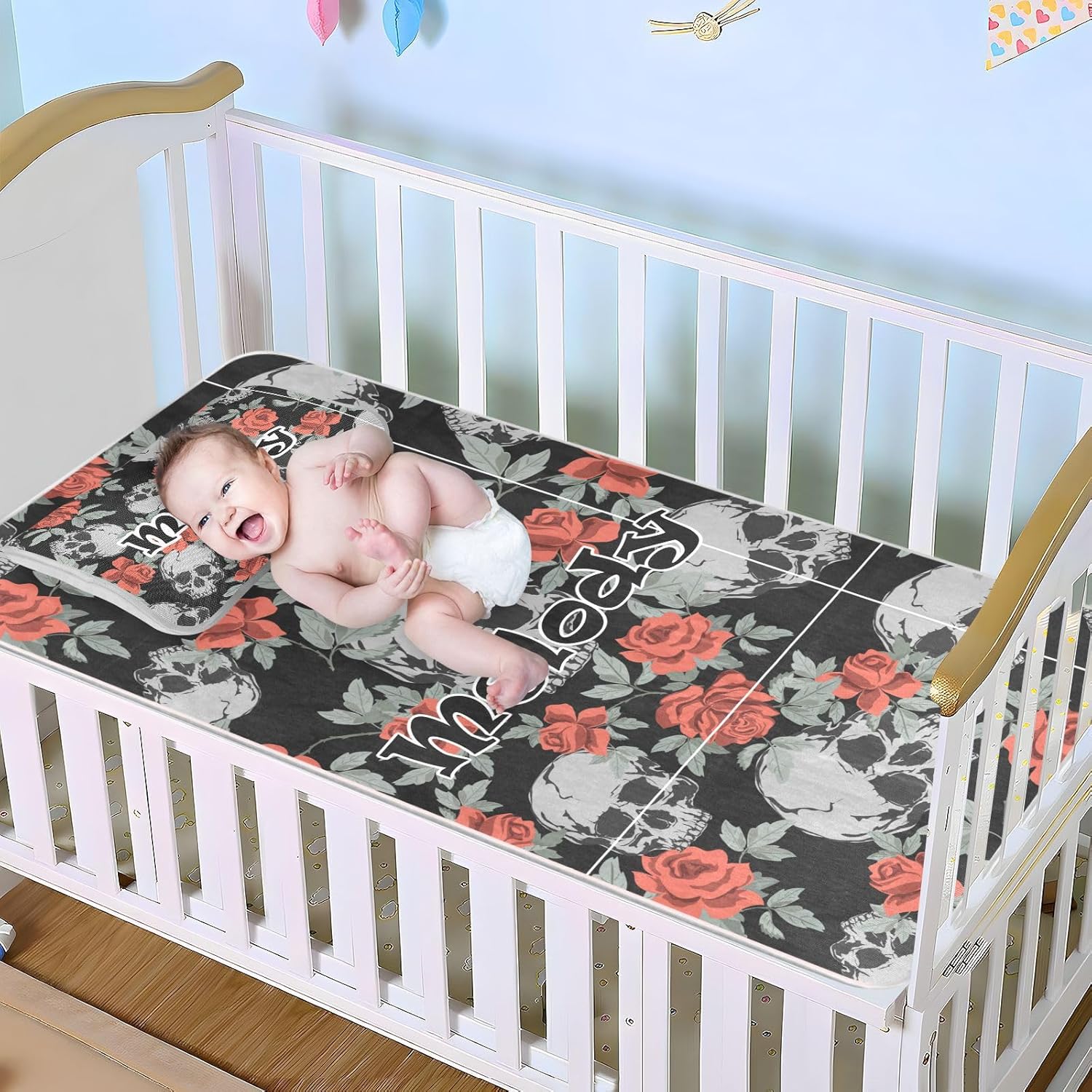 Custom Skulls Vintage Roses Crib Mattress Protector Pad for Boys Girls Baby Ice Silk Mat Bed Toddler Mattress Pad Cooling Mattress Topper Play Mat
