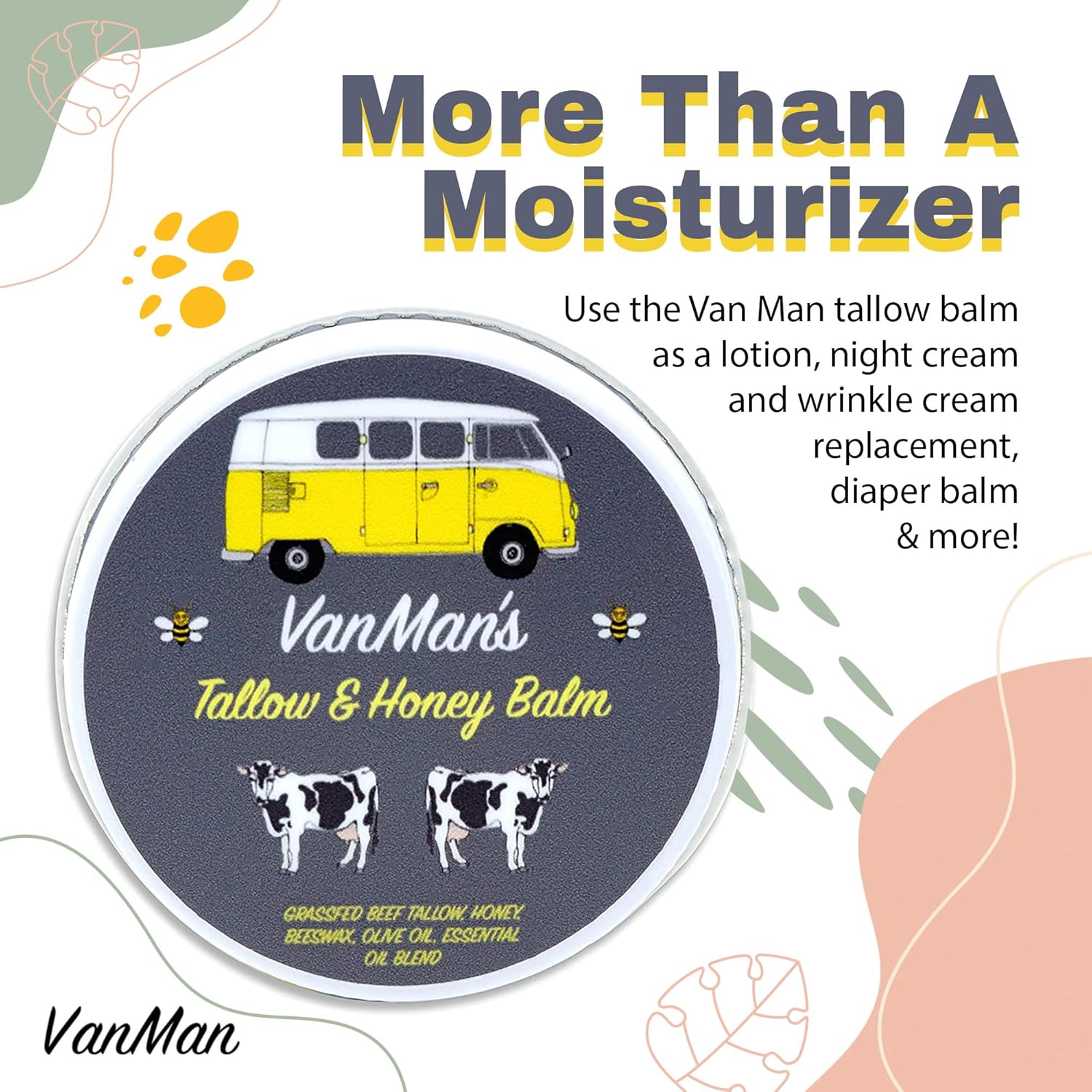 Vanmans Tallow and Honey Balm (2 onzas)  Paquete de 3  Bálsamo de miel alimentado con hierba de ternera con vitaminas A, K, D, E y aceites