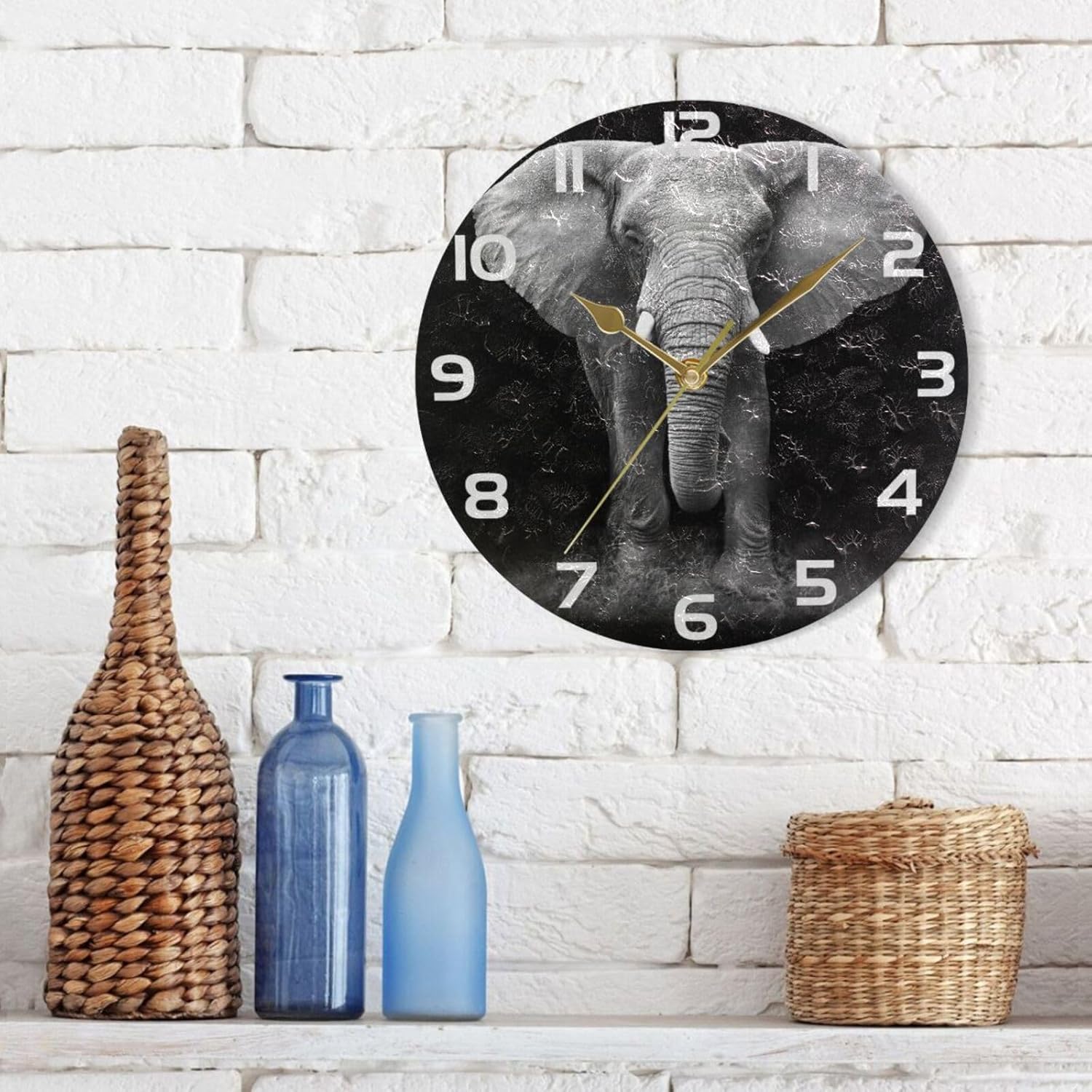 ALAZA Reloj de pared con retrato de elefante blanco, sin tictac, decorativo, para dormitorio, cocina, sala de estar, escuela, oficina, dorado