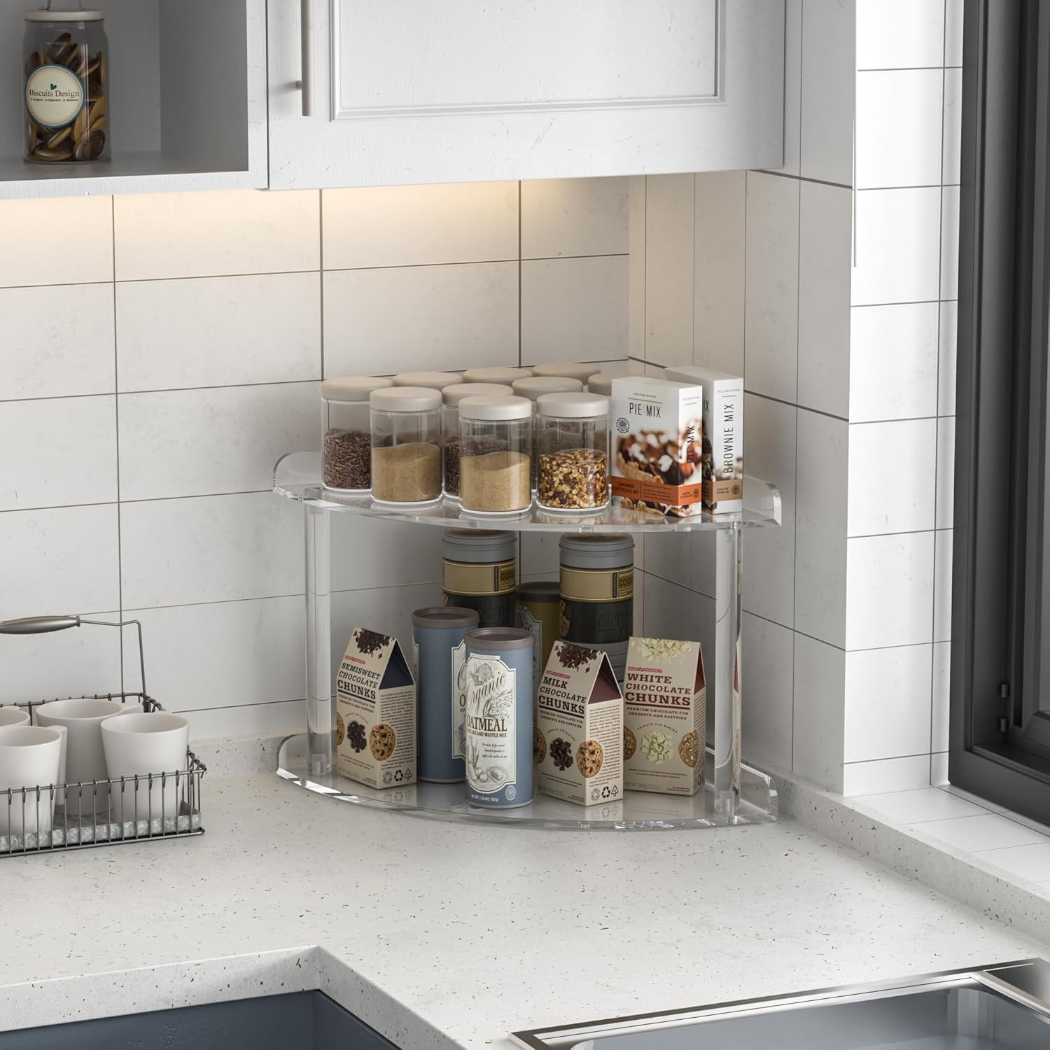 Estante organizador de esquina de acrílico de 2 niveles, 9.5 x 9.5 x 8 pulgadas, estante esquinero transparente para encimera para baño, cocina,