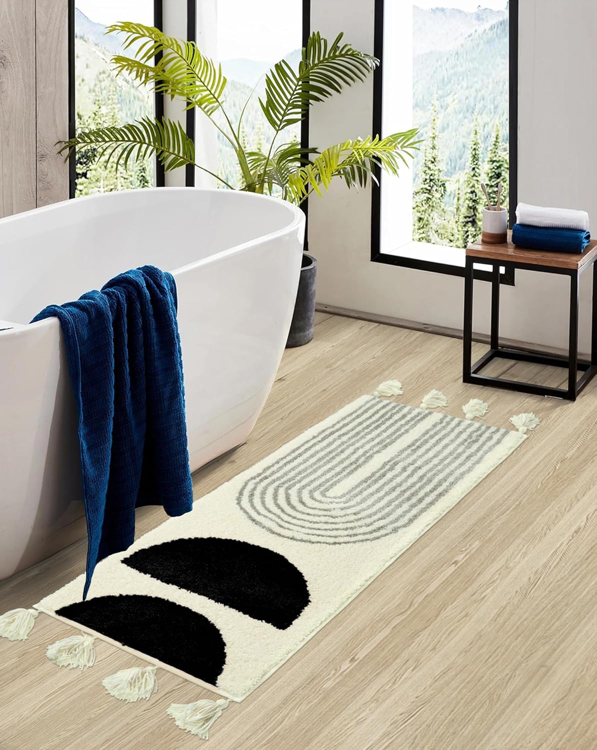 Seavish Alfombra de baño bohemia de 18 x 47 pulgadas, suave y absorbente, con borlas, color negro, larga, antideslizante, lavable, bonita alfombra
