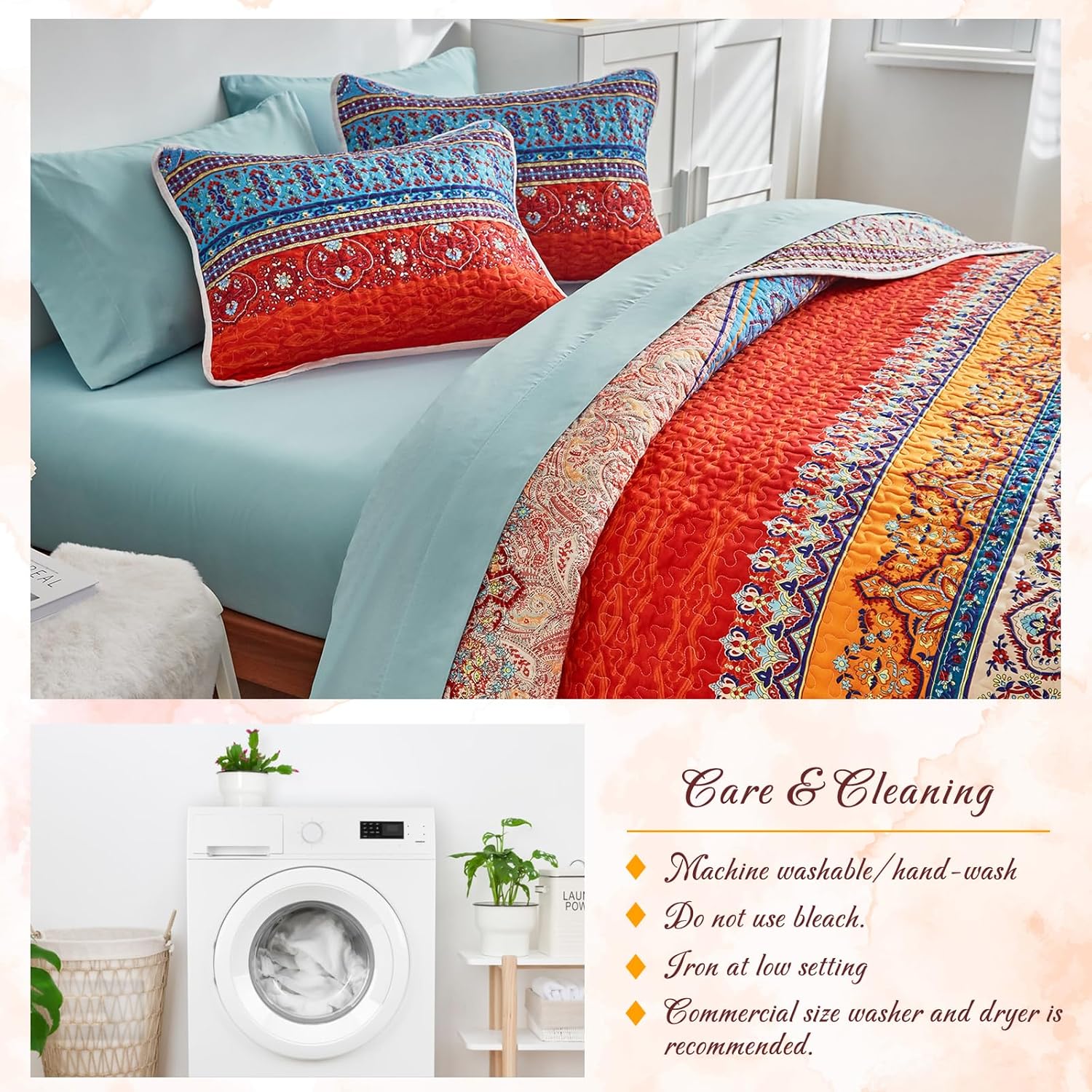Juego de edredón bohemio colorido de 3 piezas, tamaño matrimonial y queen, juego de ropa de cama con estampado de rayas azules y rojas bohemias para