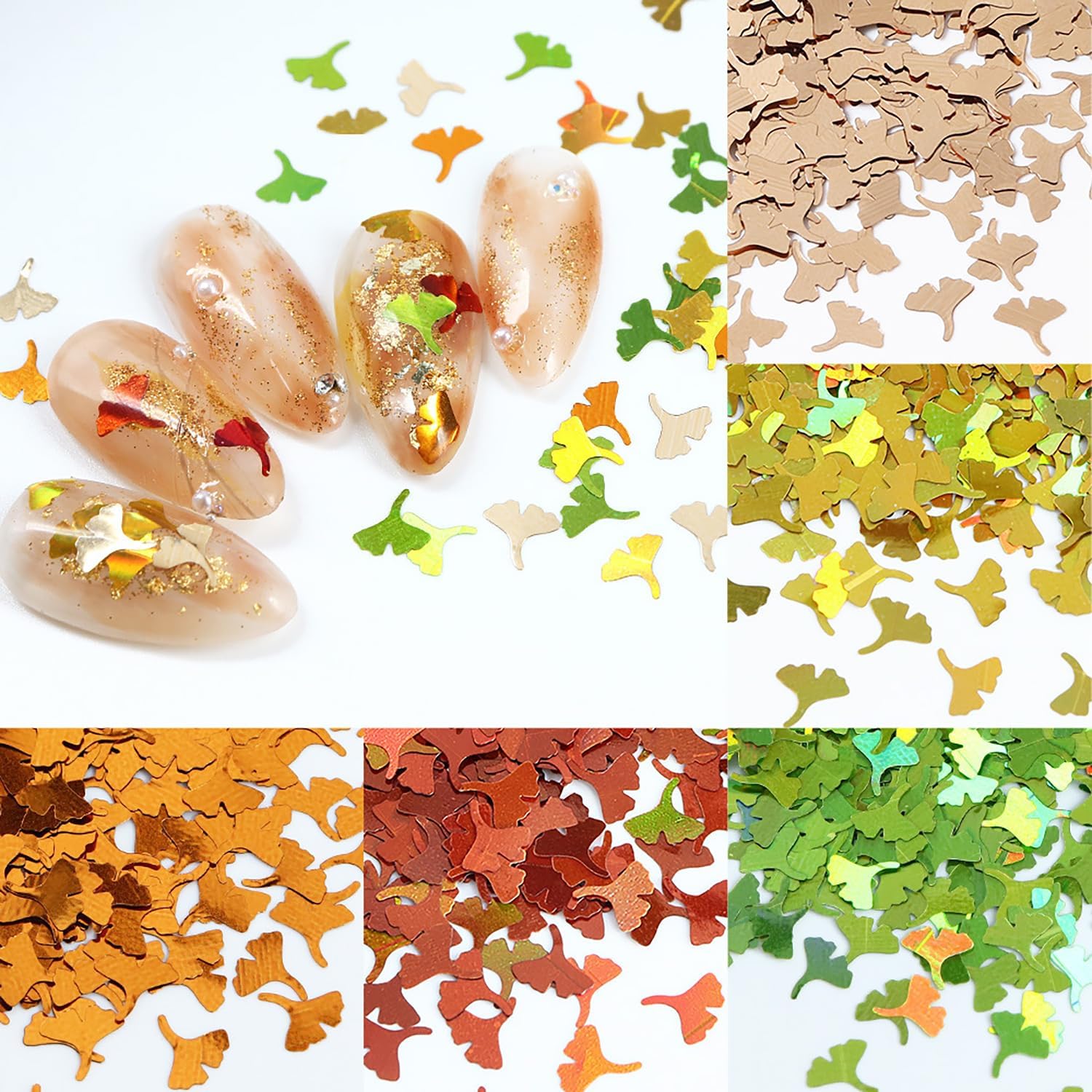 Acción de Gracias, otoño, 3D, Ginkgo Biloba, lentejuelas con purpurina, 6 colores mezclados de hojas de otoño con purpurina para uñas de otoño para