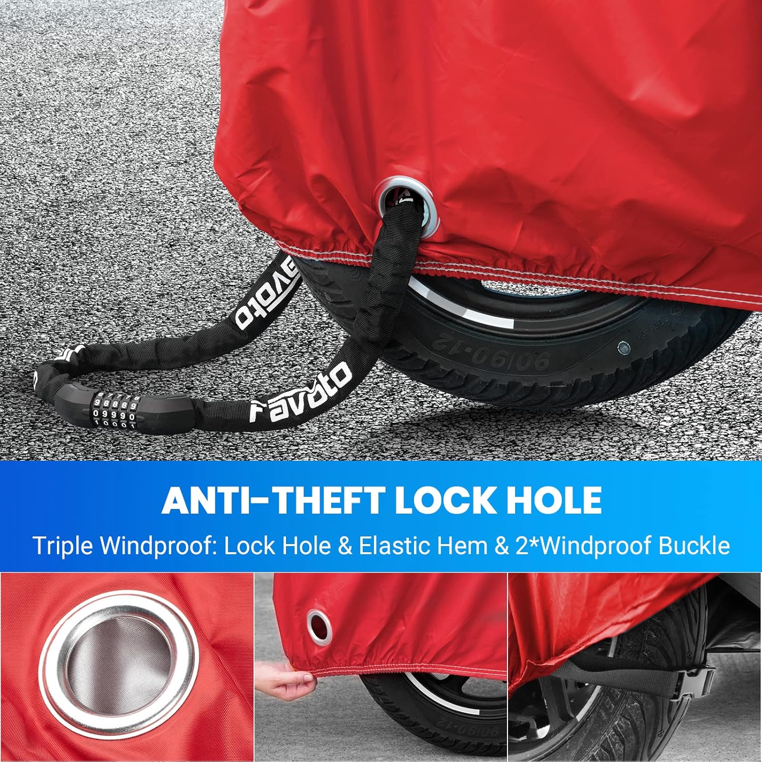 Favoto – Funda impermeable para motocicleta, universal, duradera, protege del sol, viento, polvo, con 3 bandas reflectantes, orificios de seguridad