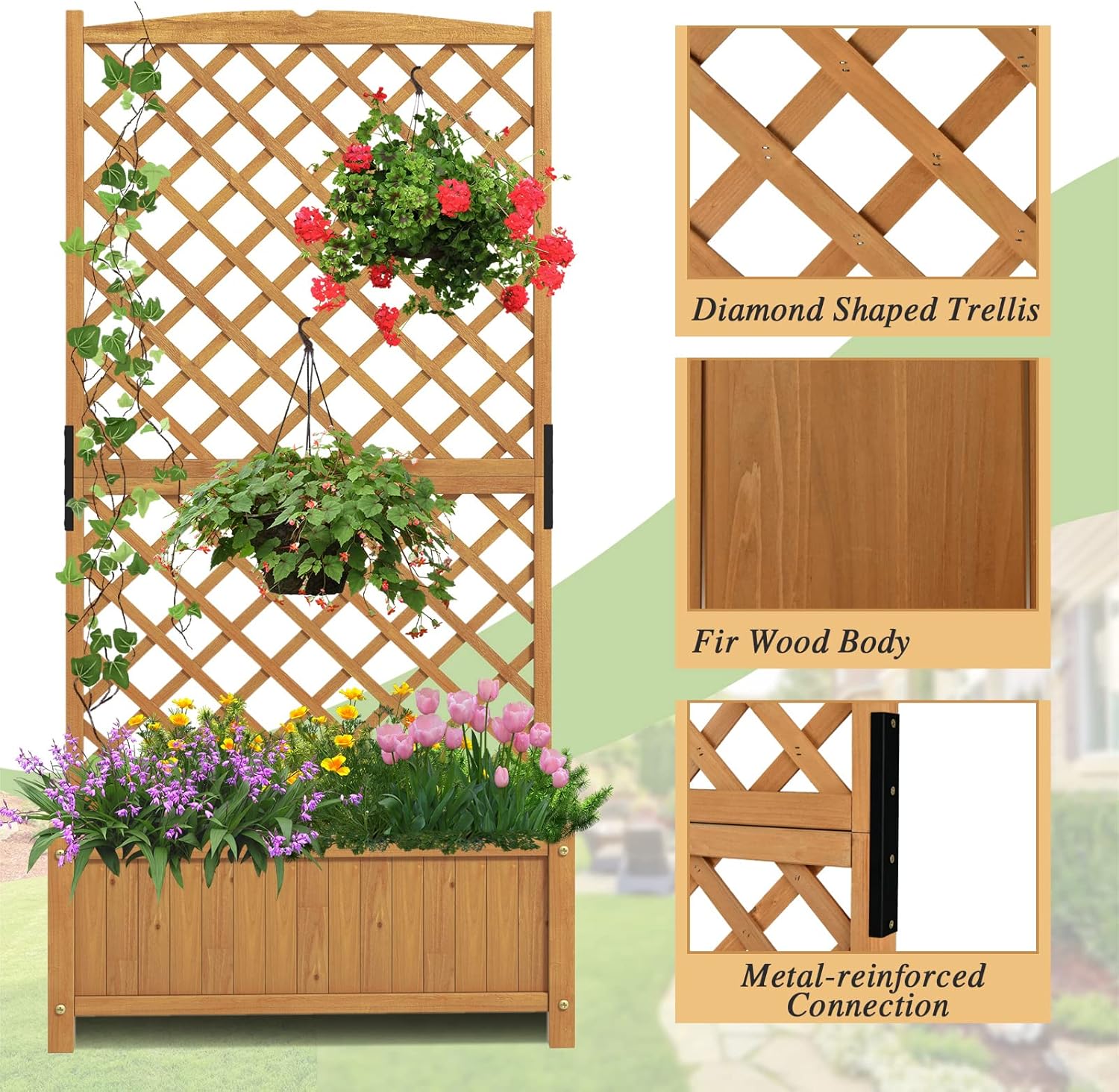 Safstar – Cama de jardín elevada con enrejado, contenedor elevado de madera para interiores y exteriores, con enrejado en forma de diamante y