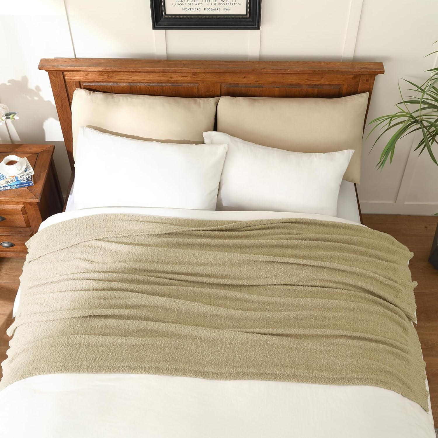 Manta de punto súper suave y cálida para sofá, manta ligera y acogedora para cama o sofá, 50 x 60 pulgadas, color beige