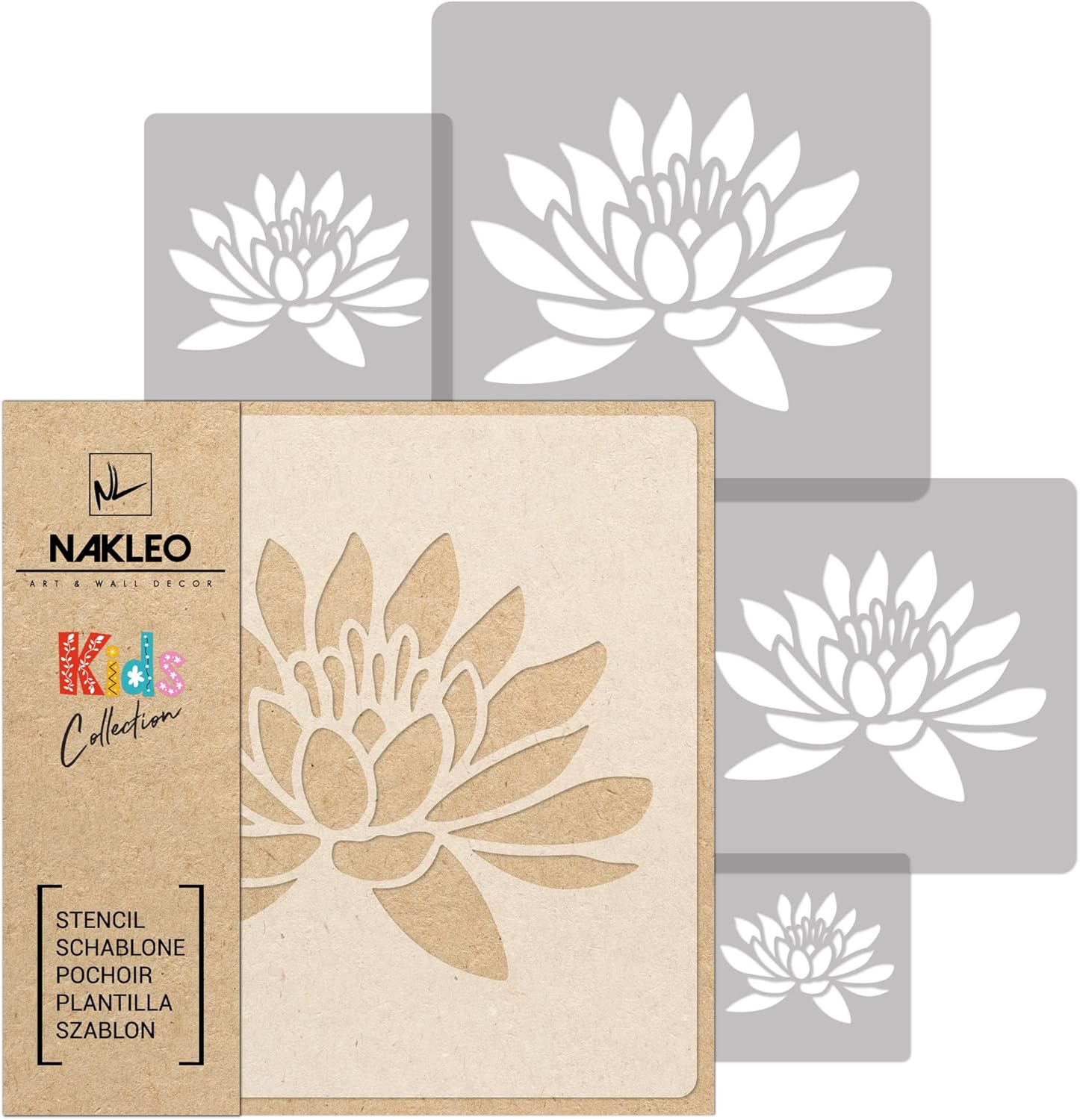 NAKLEO – 5 plantillas de plástico reutilizables  Flor de loto Naturaleza  13.4 a 3.5 pulgadas  Plantilla de pintura para niños  Decoración de