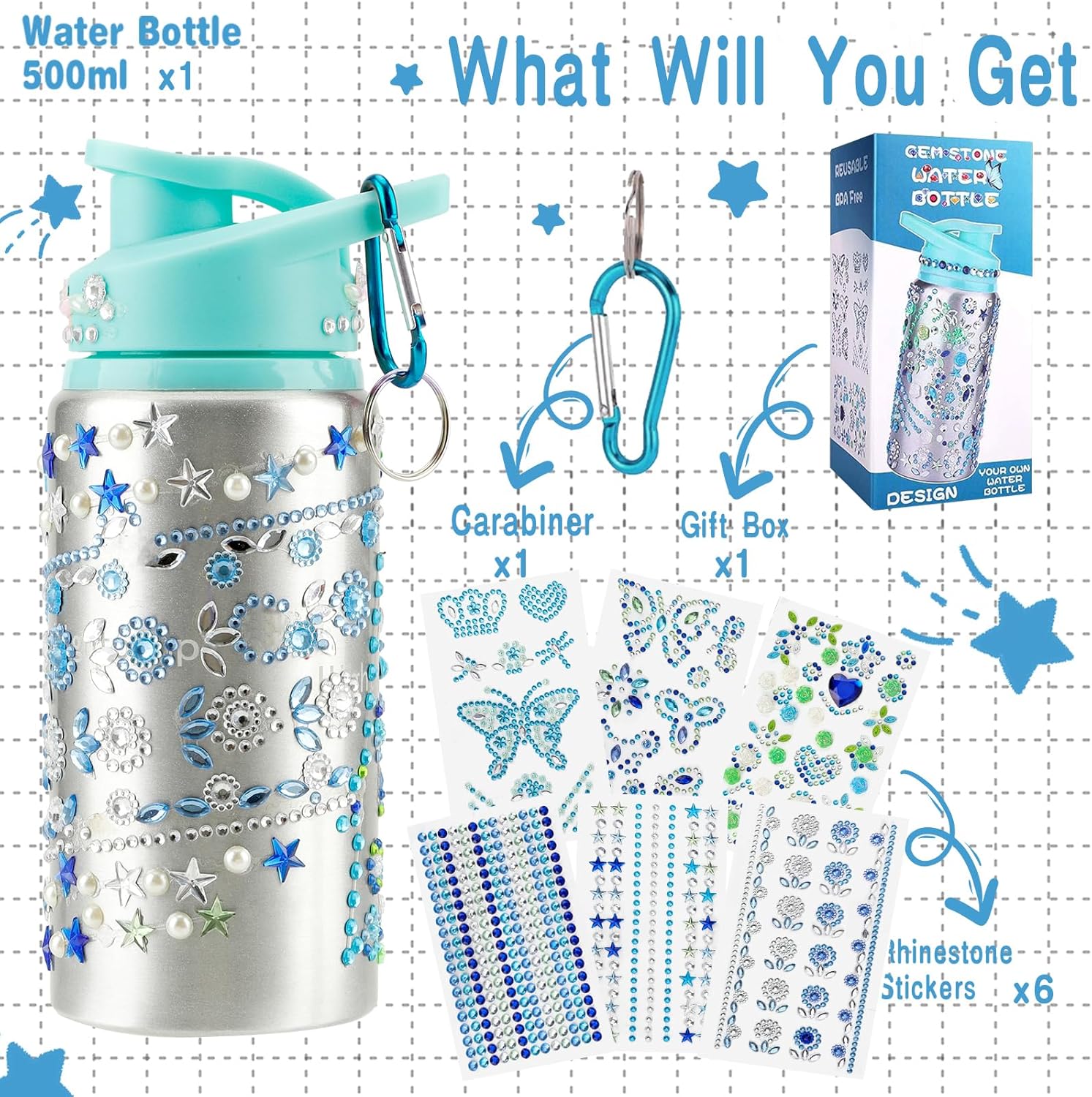 Regalo para niñas, decora tus propias botellas de agua con calcomanías de arte de gemas, calcomanías para botellas de agua, kits de arte para niños