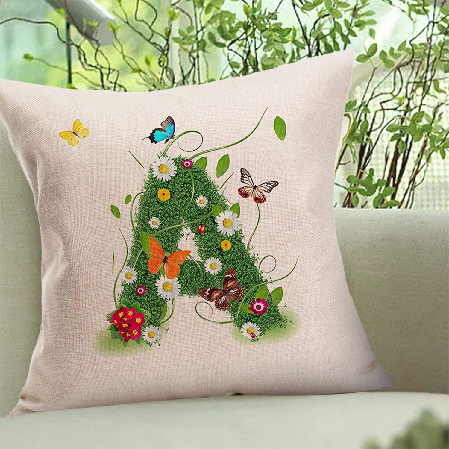 Fundas de almohada de 18 x 18 pulgadas, fundas de almohada de verano para exteriores, diseño de pétalos de hierba, monograma, letras del alfabeto