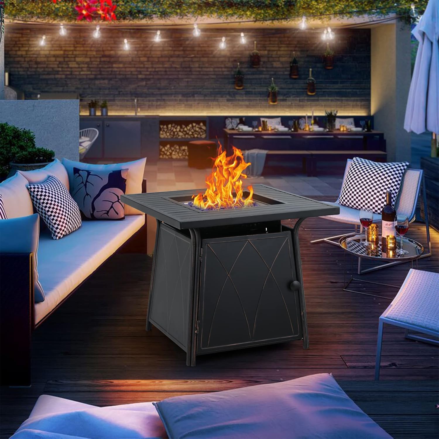 PHI VILLA Mesa para fogata de gas de 28 pulgadas, 50000 BTU cuadrada para exteriores con tapa y vidrio azul para patio, patio trasero y jardín,